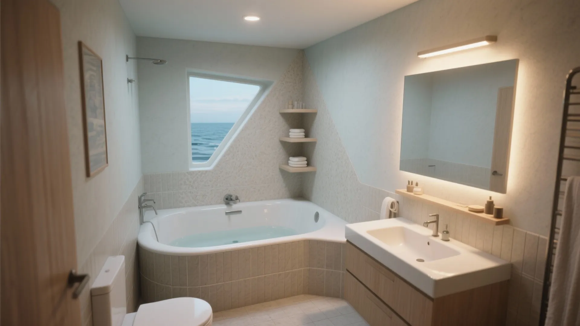 Rounded corner soaking tub fitted into an awkward small bathroom corner with compact vanity and shelving.