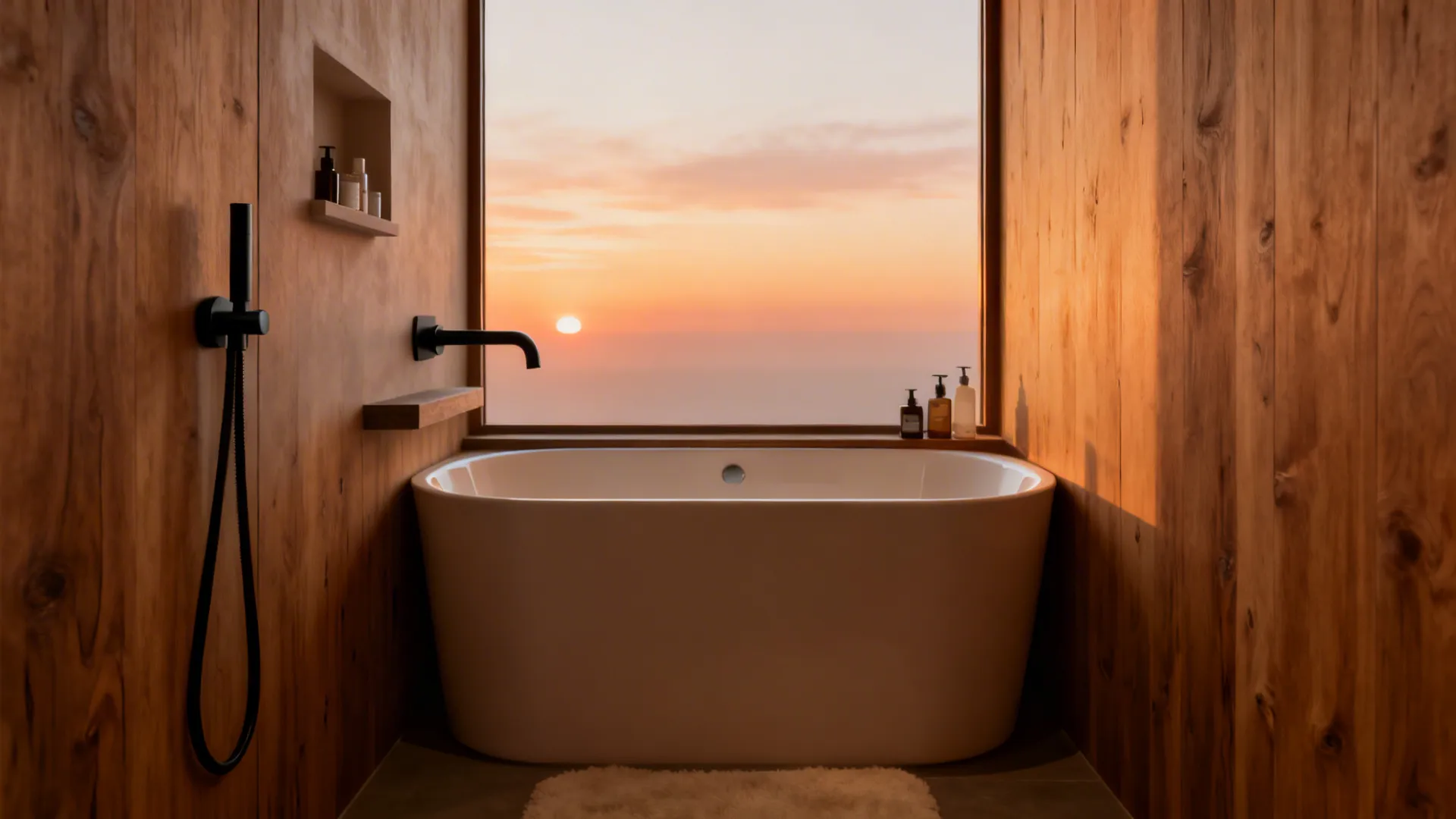 Corner deep soaking tub with wall-mounted faucet and warm wood accents