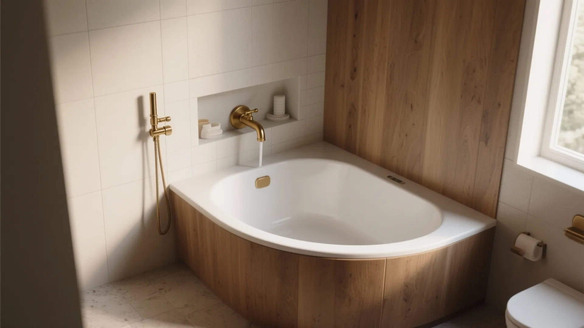 Modern white bathtub with wood paneling and gold tap set in a bright bathroom corner