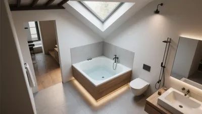 Modern Attic Bathroom with Skylight and Wood Accent