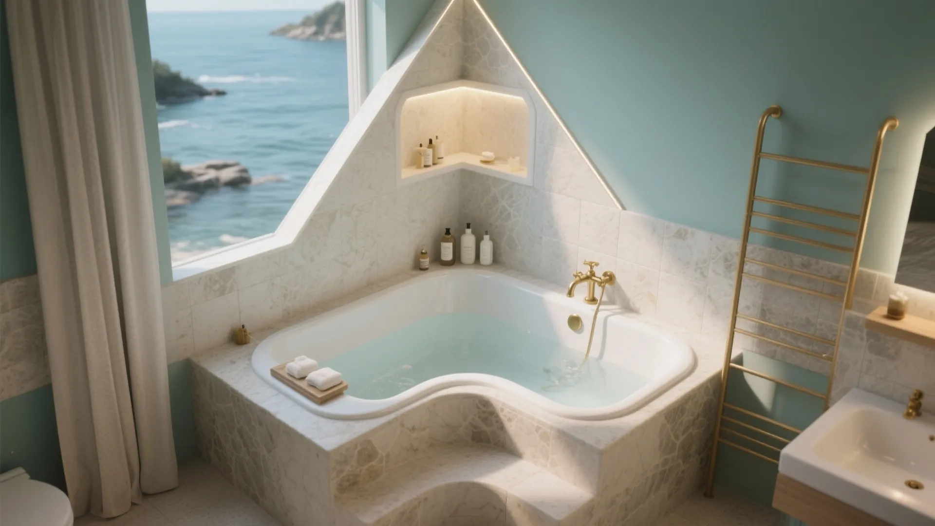 2. Corner Soaking Tub with Integrated Seat