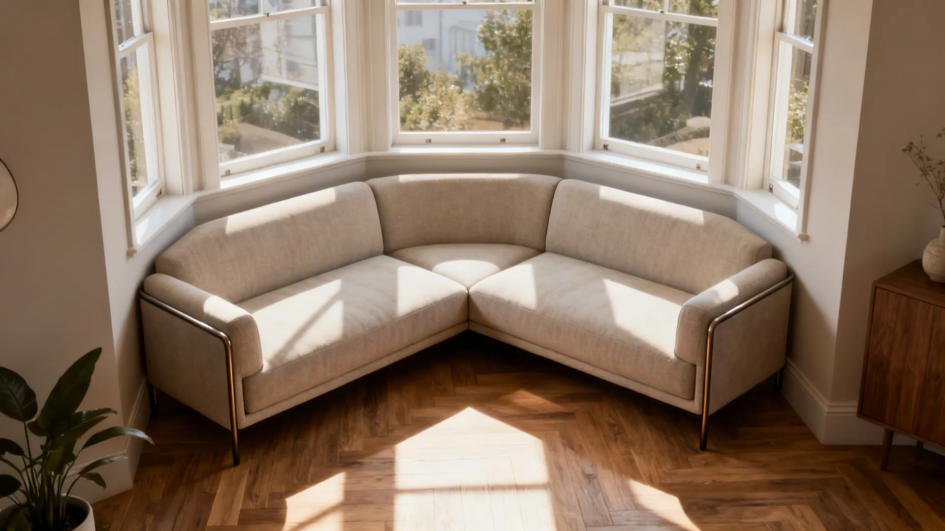 Beige curved sofa placed in a sunny bay window nook with wood floors and sunlight