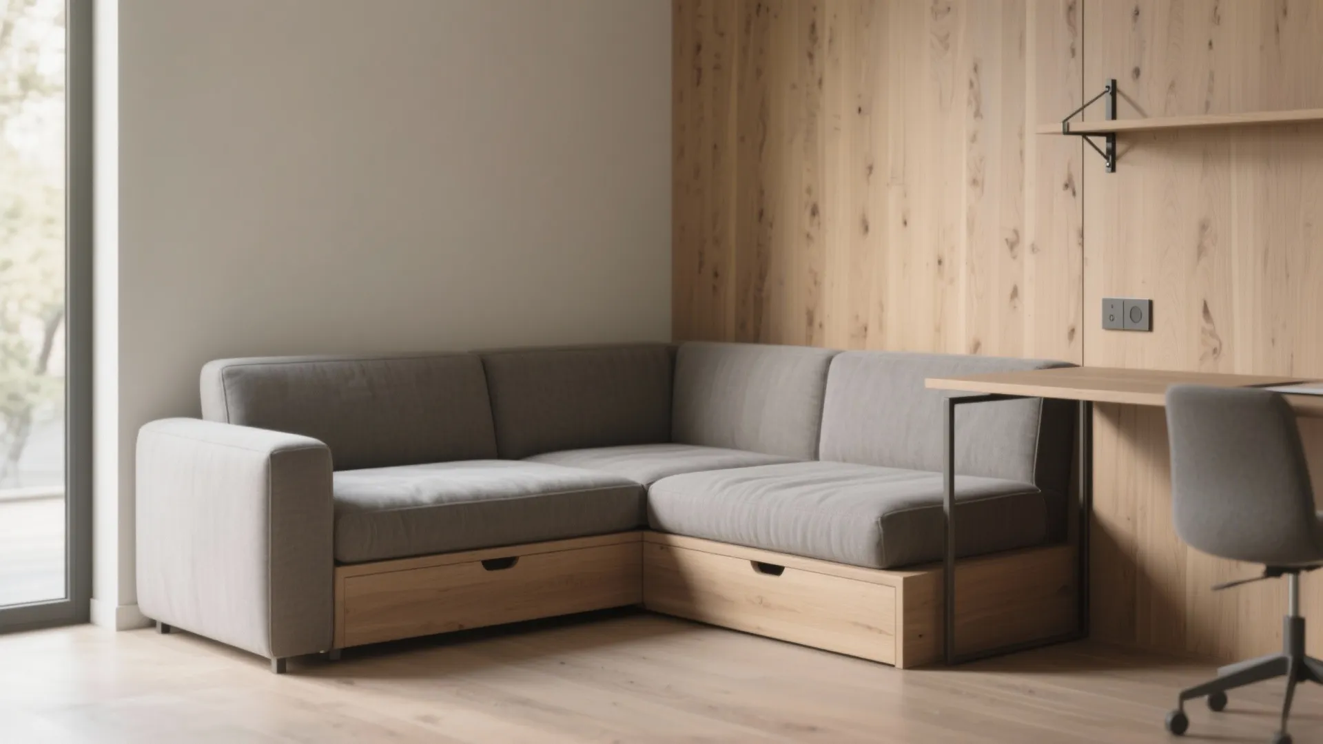 Corner sofa bed and a floating desk in a compact office, showing open circulation and sturdy wall anchors.