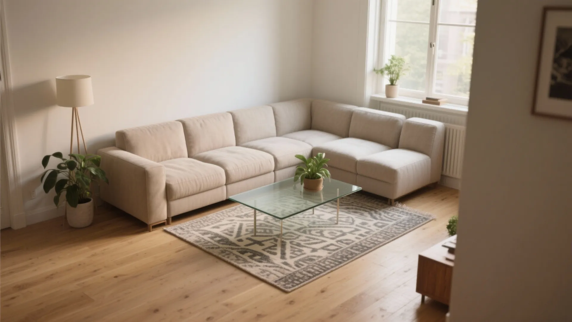 Modern cream sectional sofa with glass coffee table and patterned rug on light wood flooring