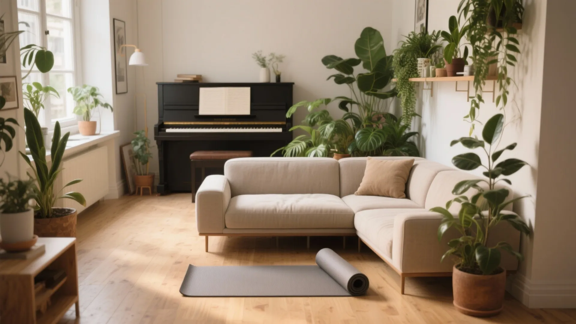 Modern living room with beige sofa black piano many green plants yoga mat and wooden floor
