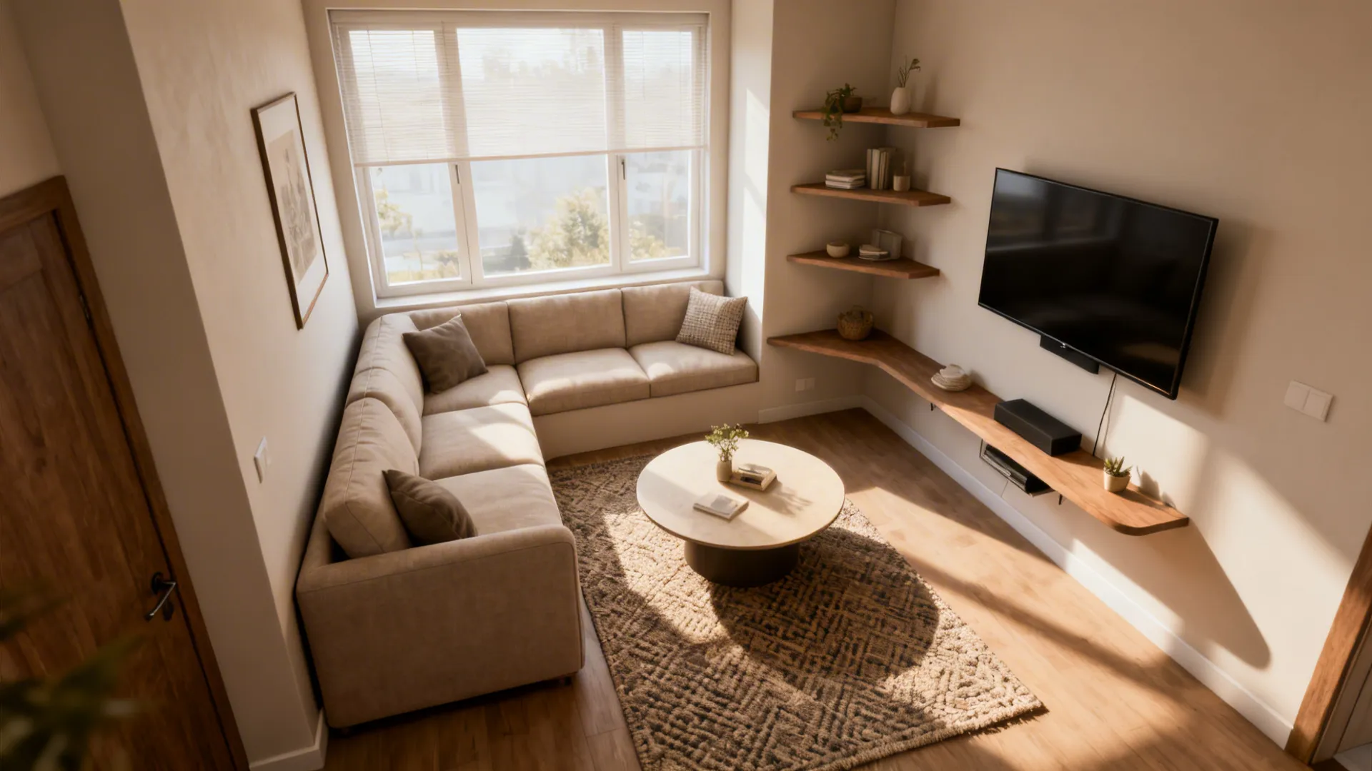 Compact L-shaped living area anchored by a corner sofa with round coffee table and corner shelf.