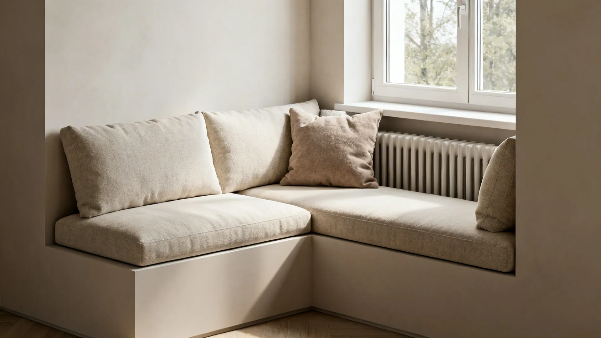 Custom corner sofa fitted into a small nook creating a built-in appearance