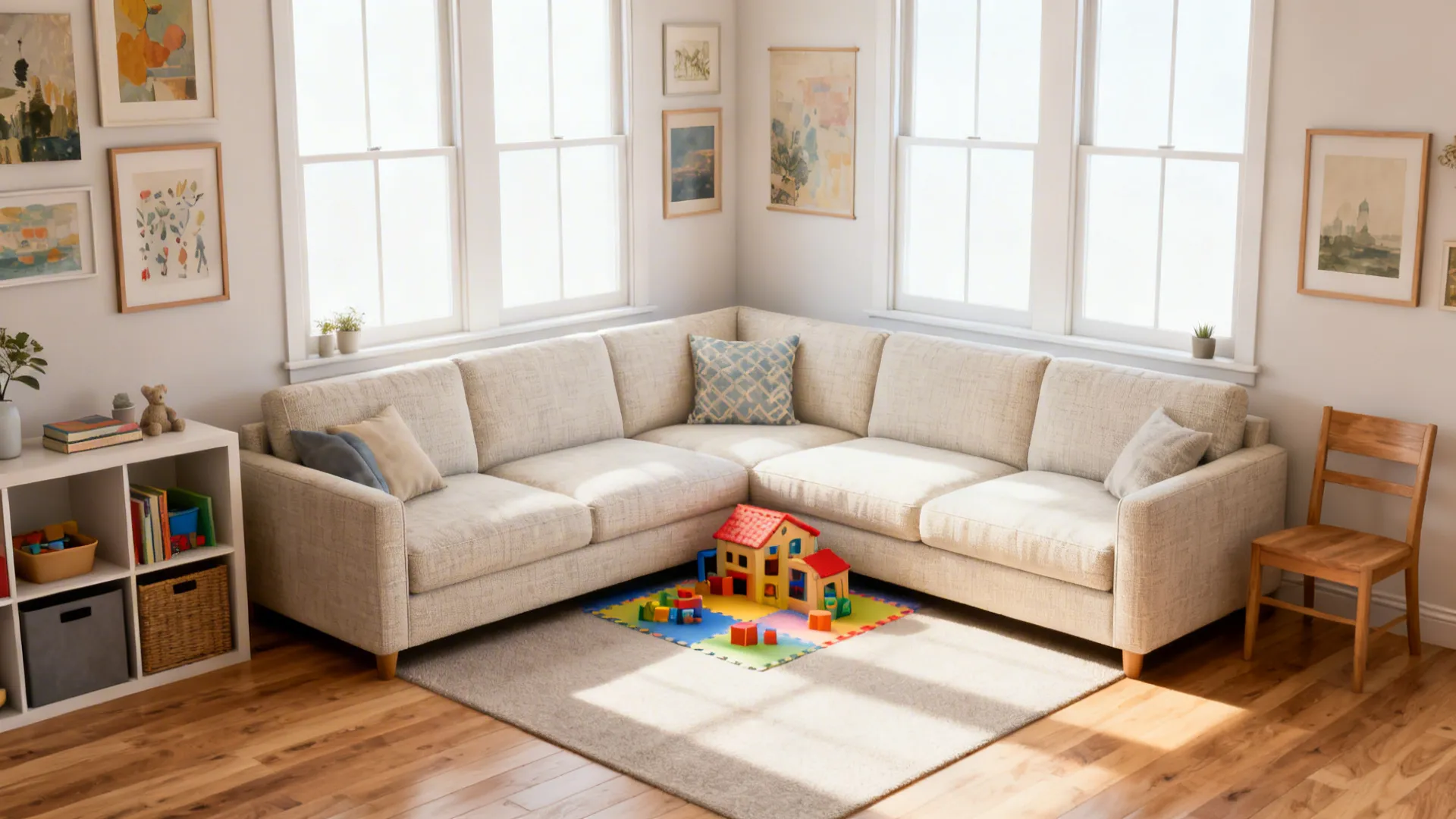 Small living room with a compact corner sectional leaving open play space and wall storage