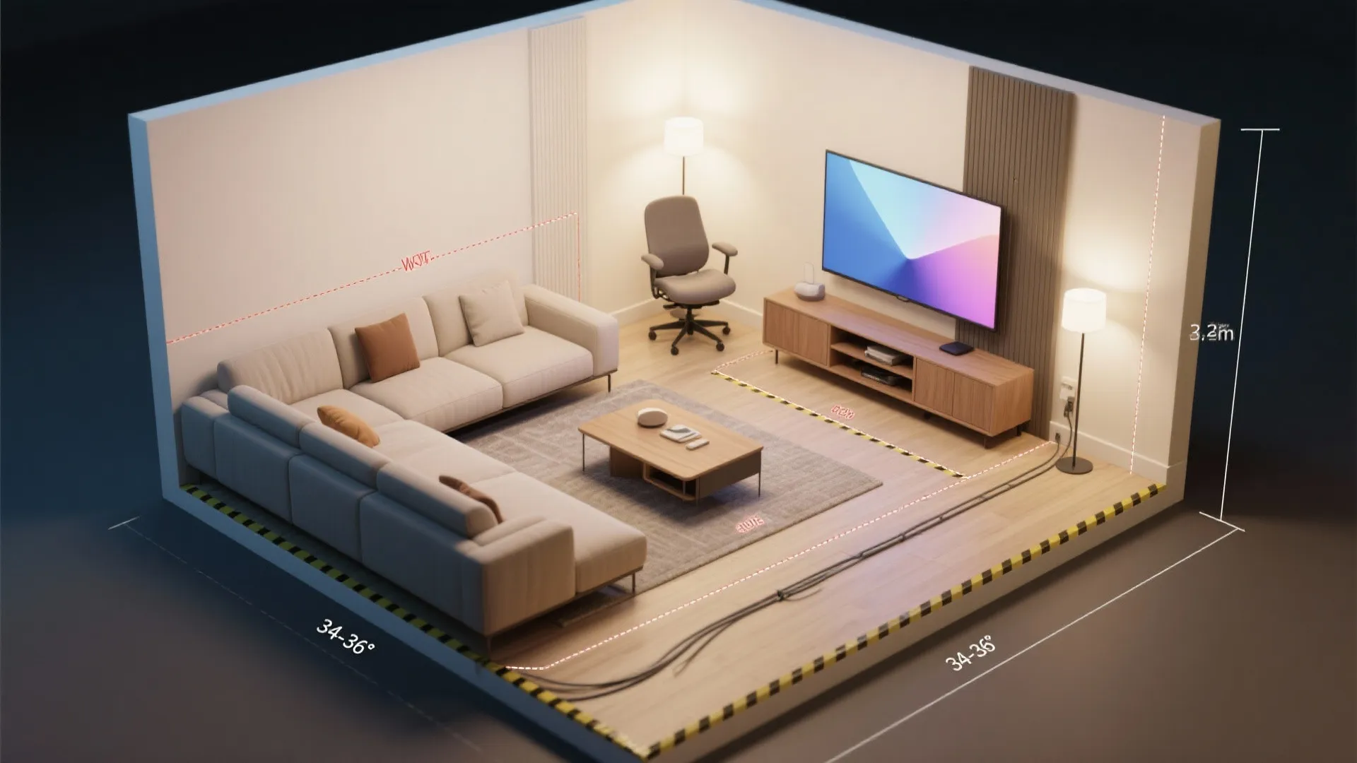 Top-down plan showing L-shaped corner sofa with diagonal chaise, staggered sightlines and clear paths.