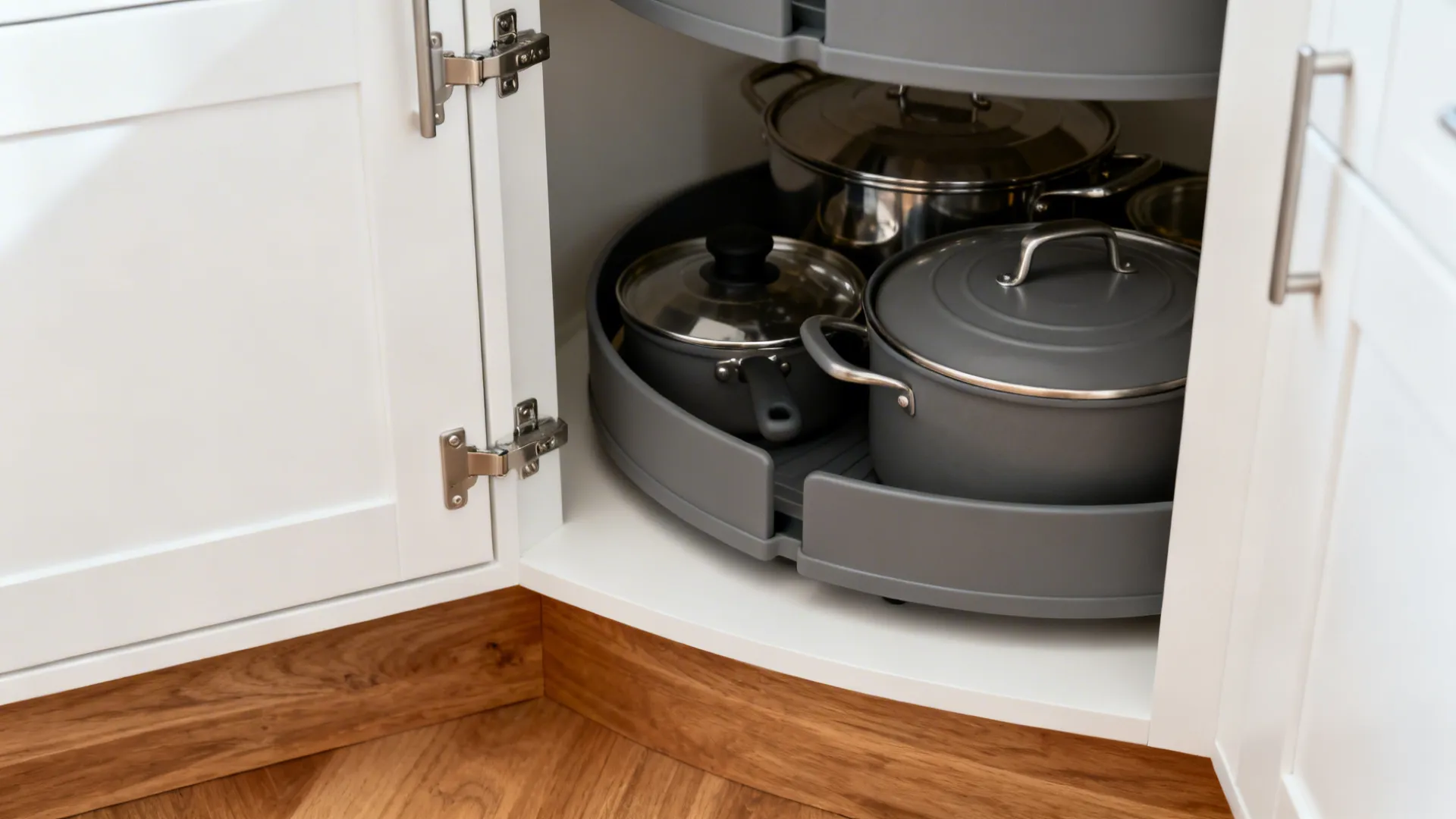 Macro of a modern lazy Susan corner unit with organized cookware in a white cabinet.