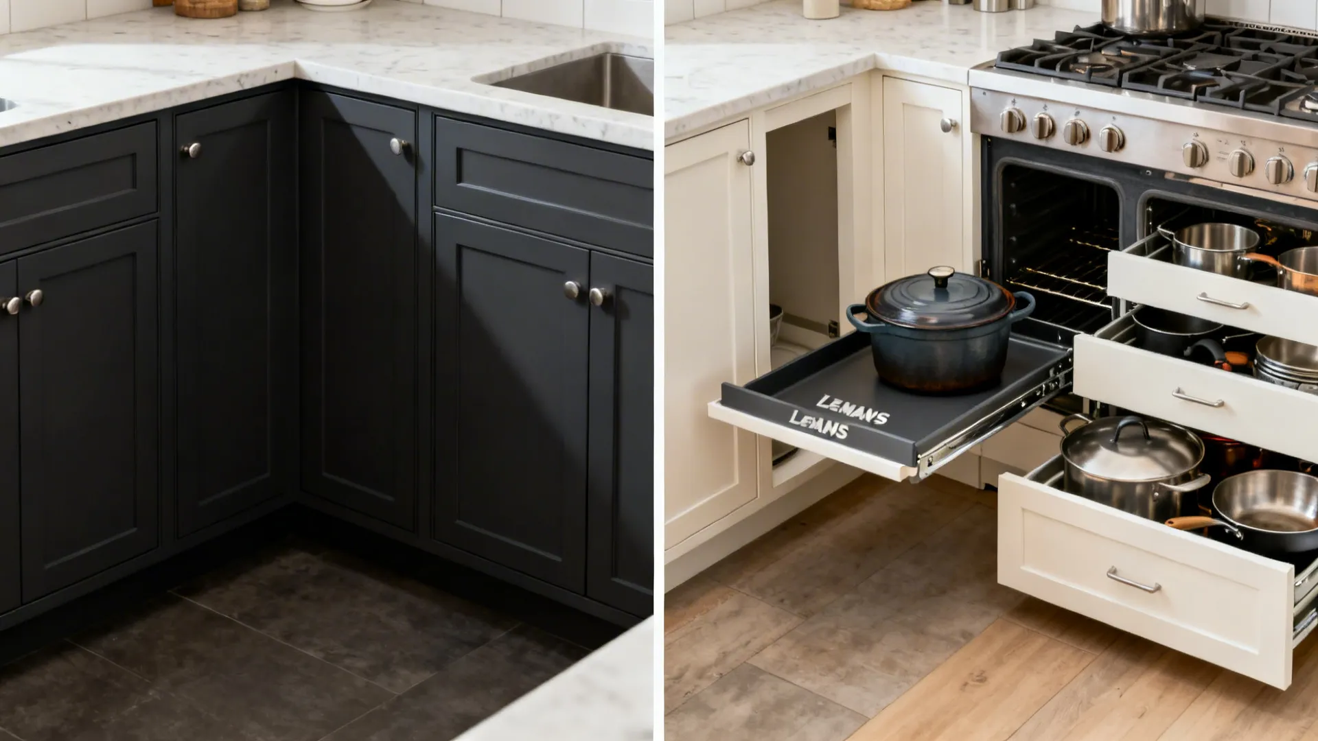 Before-after of a small kitchen corner replacing a blind cabinet with a diagonal unit and LeMans tray.