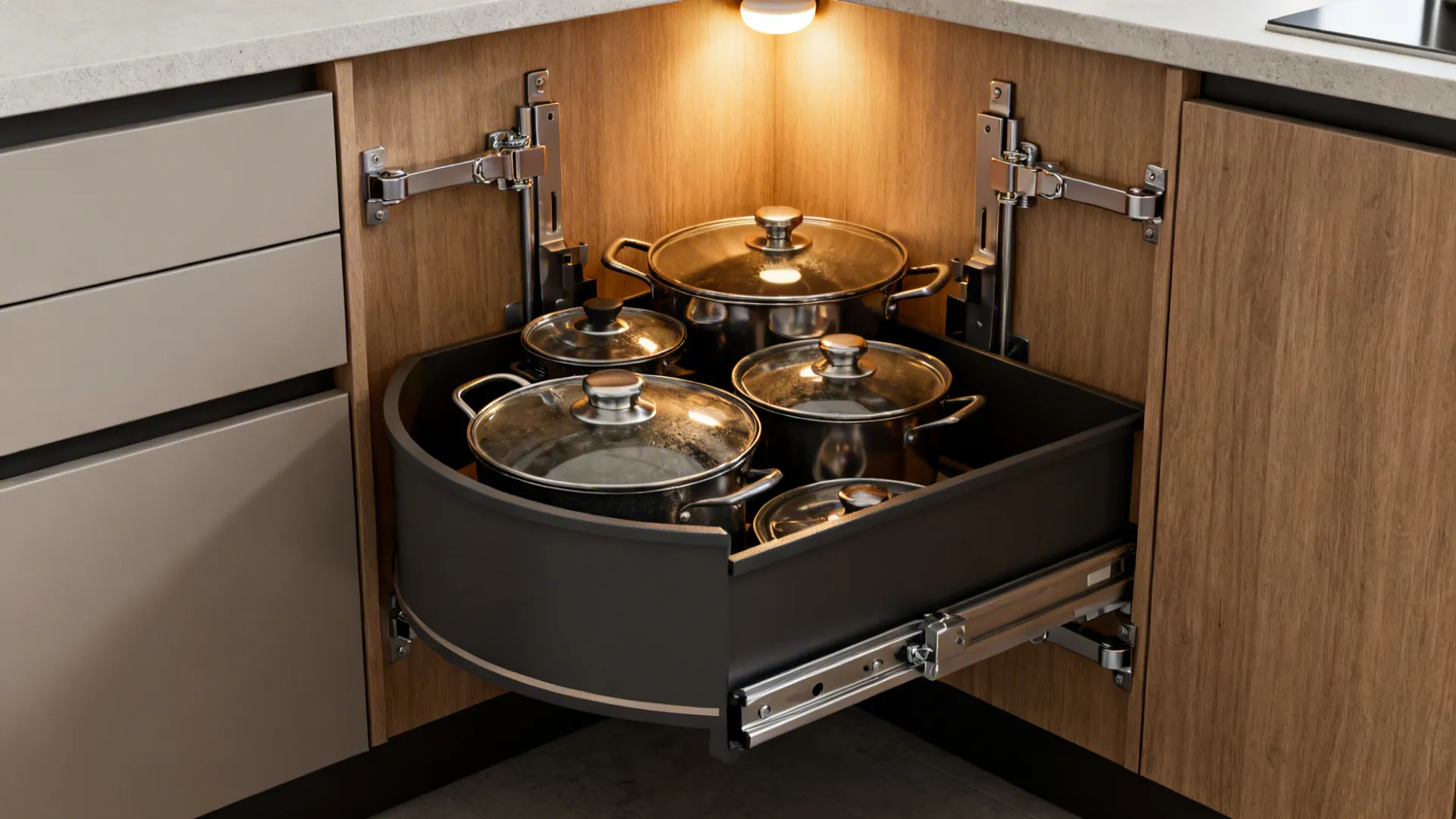 Pull out corner cabinet drawer inside wooden kitchen base unit holding several stainless steel pots