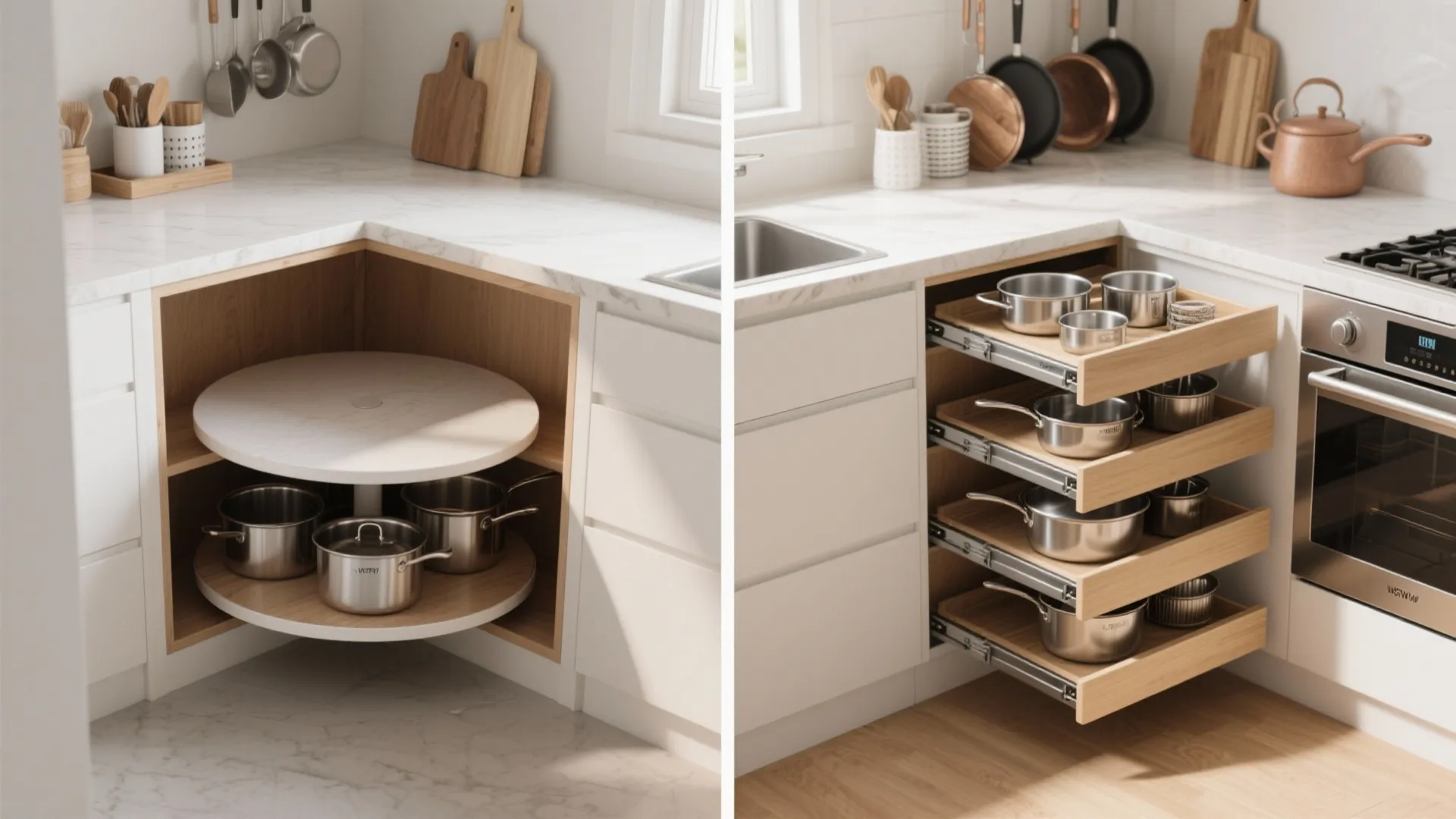 Split-screen comparison of a corner carousel (left) and multi-tier pull-out trays (right) in a modern kitchen corner cabinet.