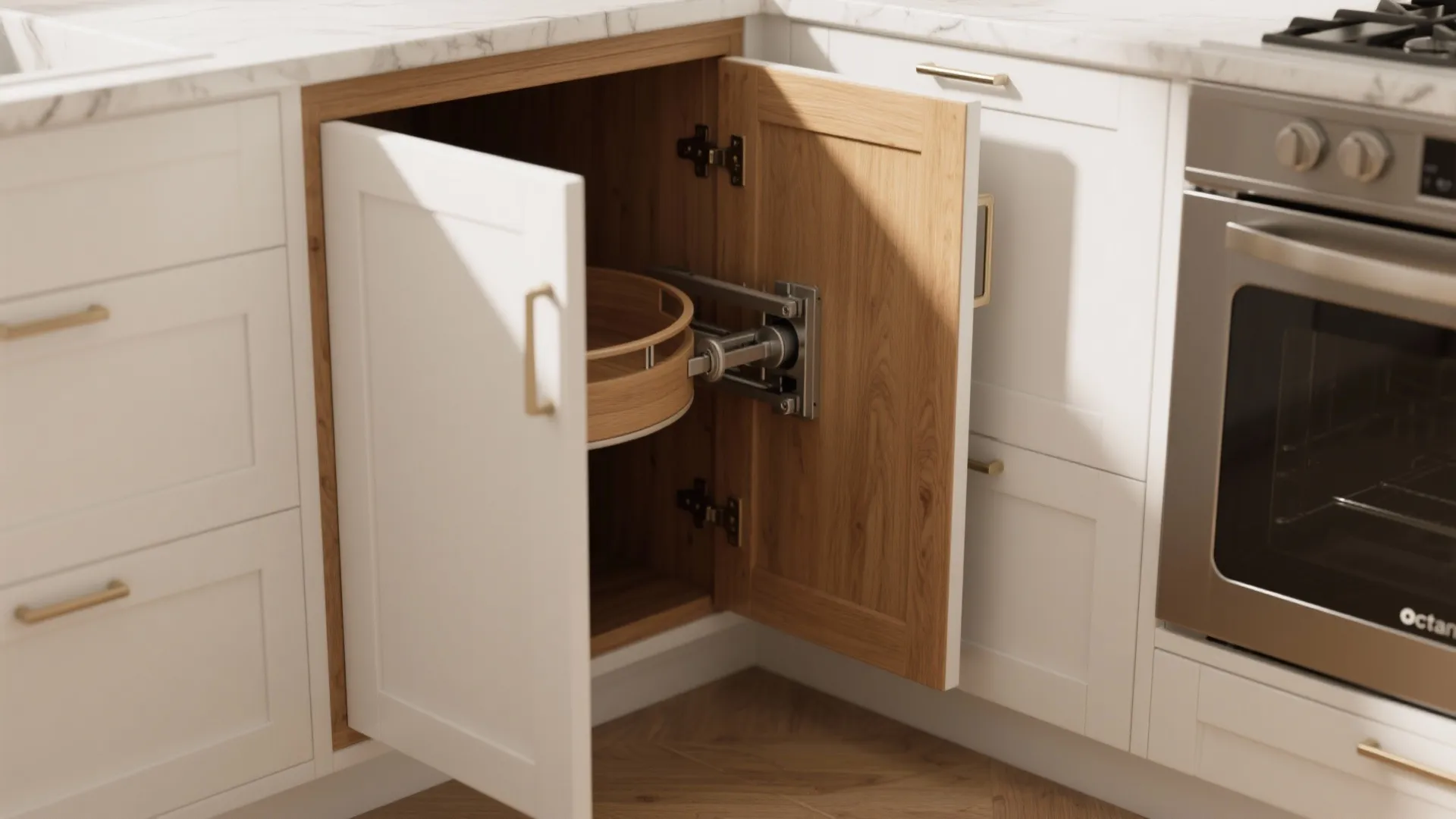Modern white kitchen cabinet with an open corner door showing a pull-out wooden storage shelf