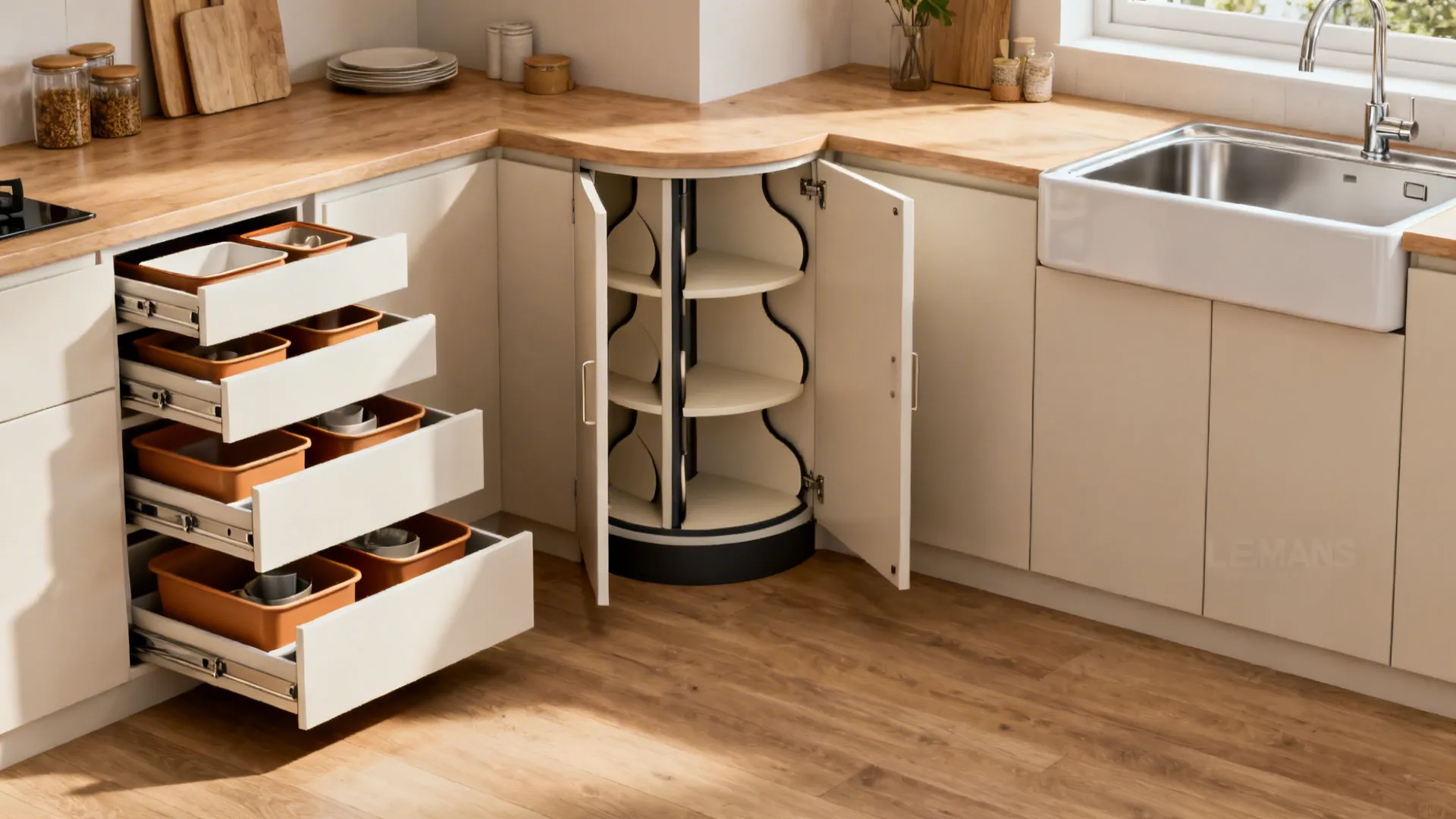 Corner solutions in an L-shaped kitchen showing drawers, a LeMans carousel, and a corner sink option.