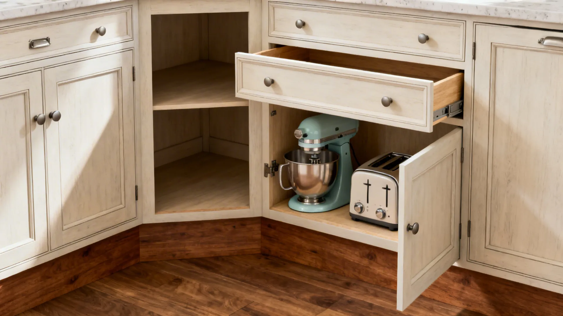 Before-and-after L-kitchen corner showing blind corner vs. deep drawers and a pocket-door appliance garage.