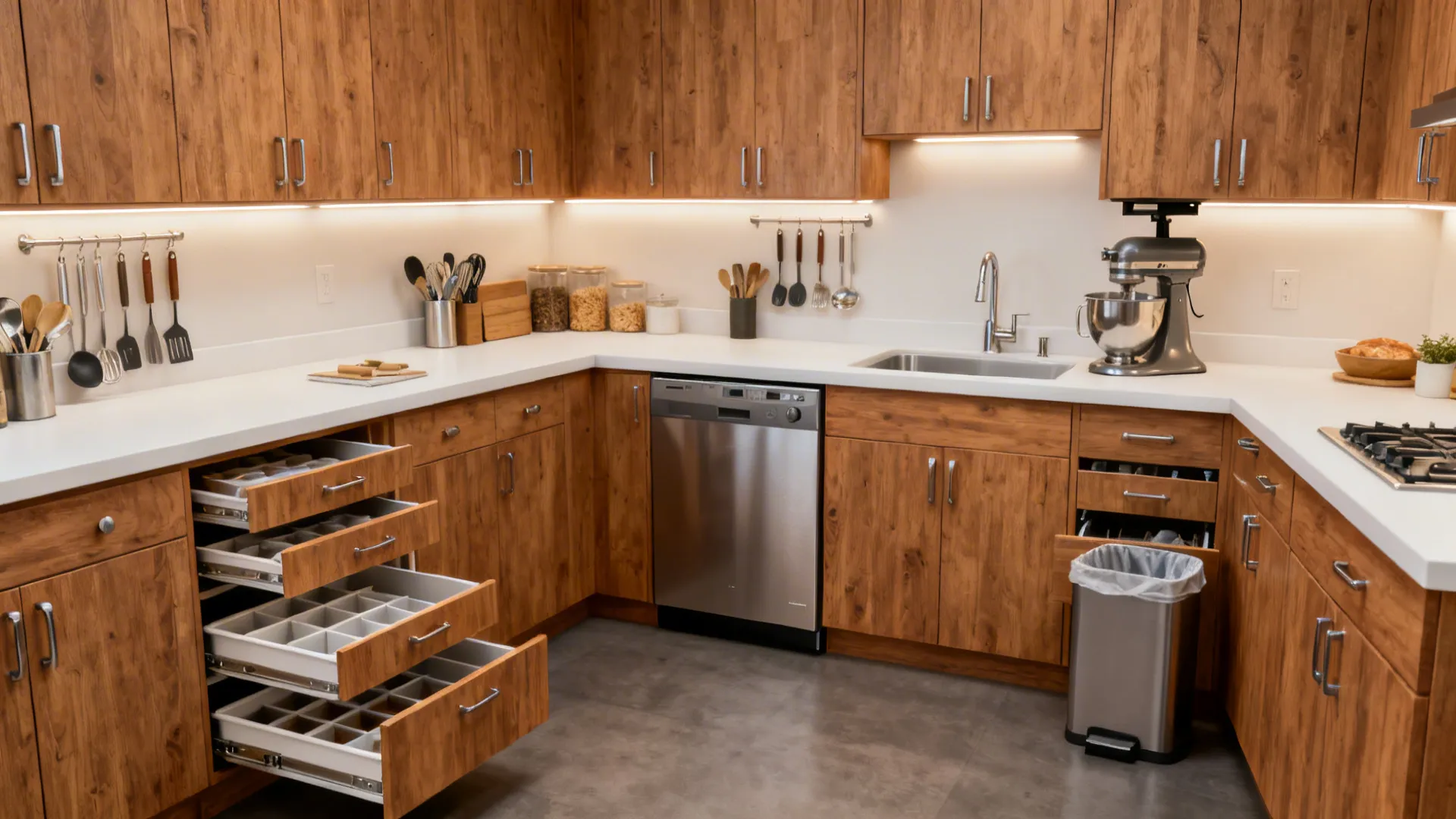 U-shaped kitchen showing open corner drawers, a LeMans pull-out, and a mixer lift in use.