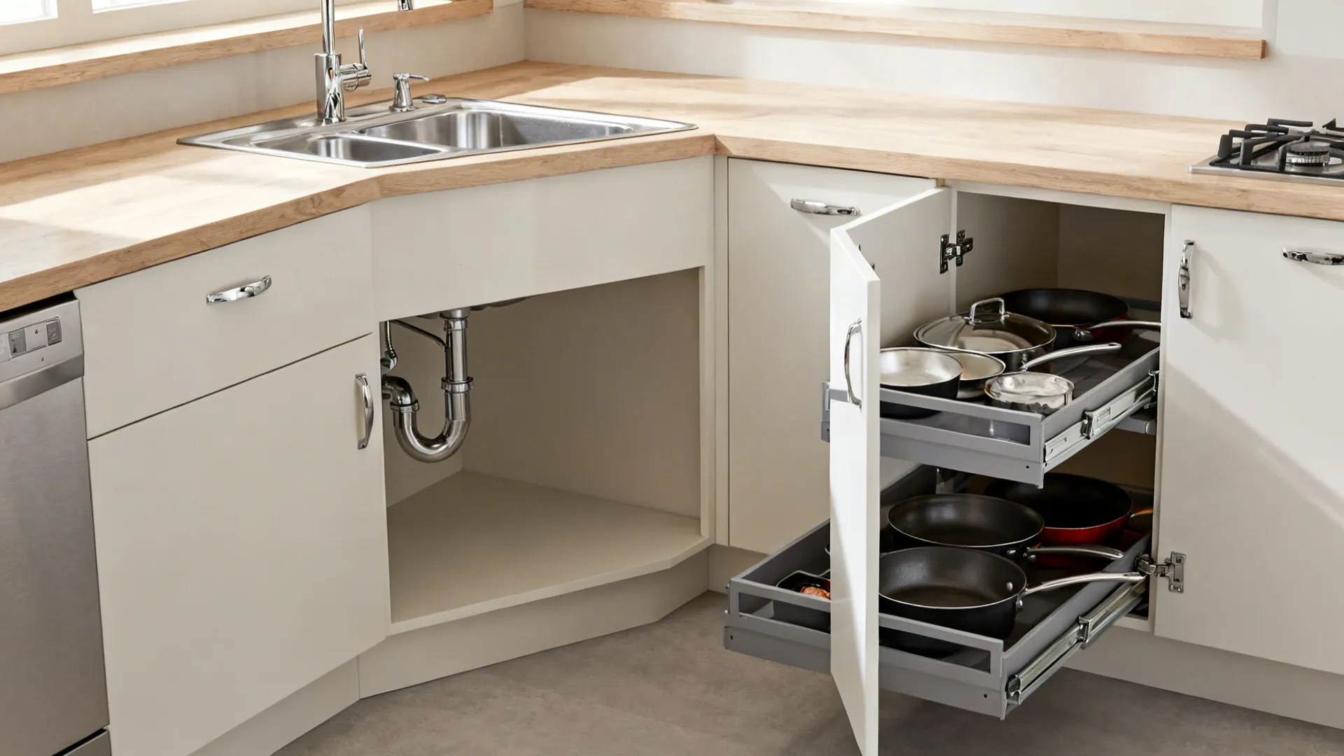 L-shaped kitchen corner with a diagonal sink base and open LeMans swing-out trays for pans.