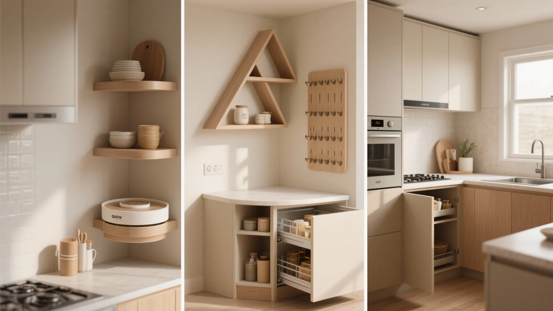 Collage showing multiple kitchen corner shelf solutions including floating shelves and pull-outs