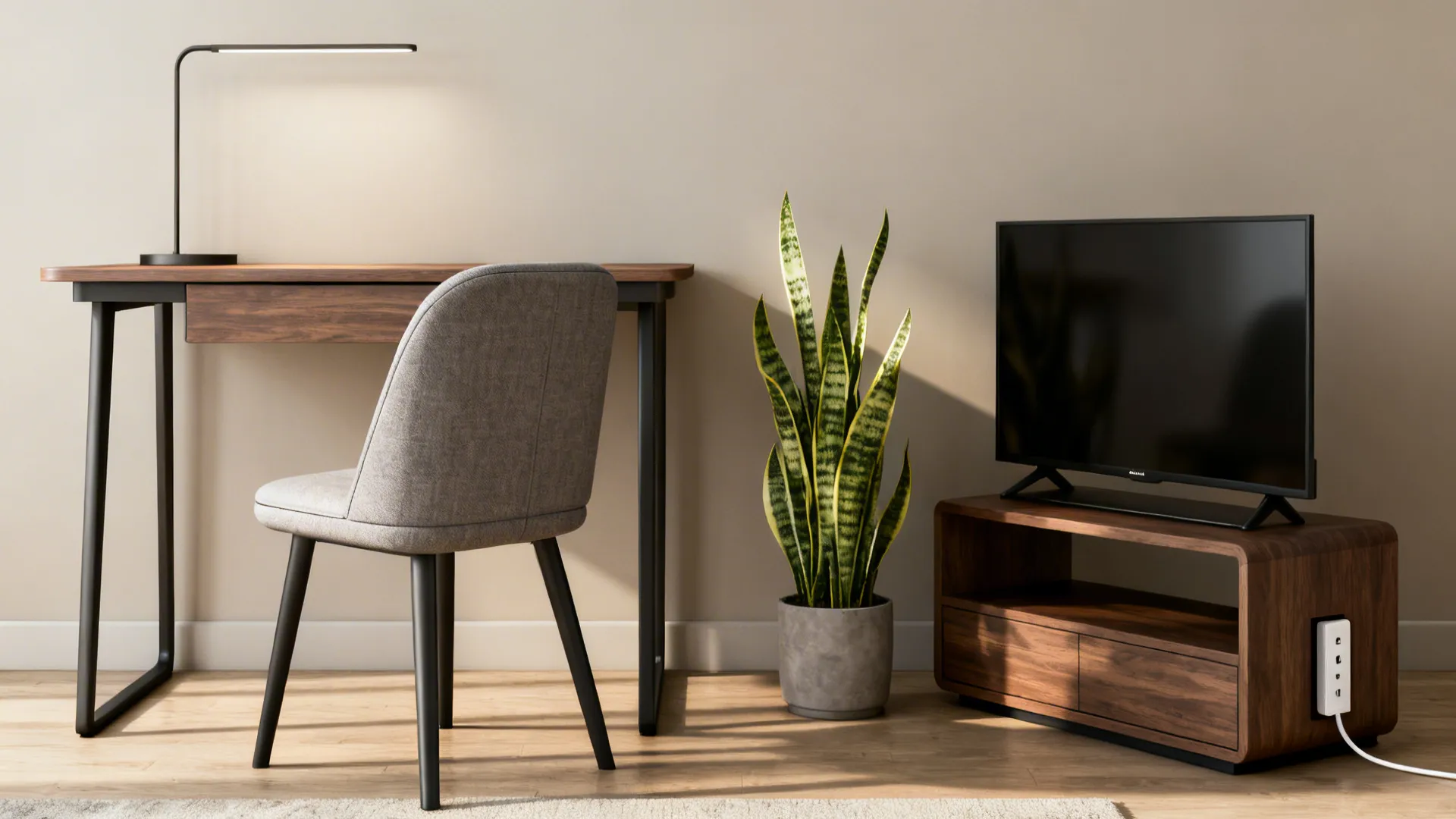 Modern home office featuring wooden desk grey chair potted plant and television on wooden media stand