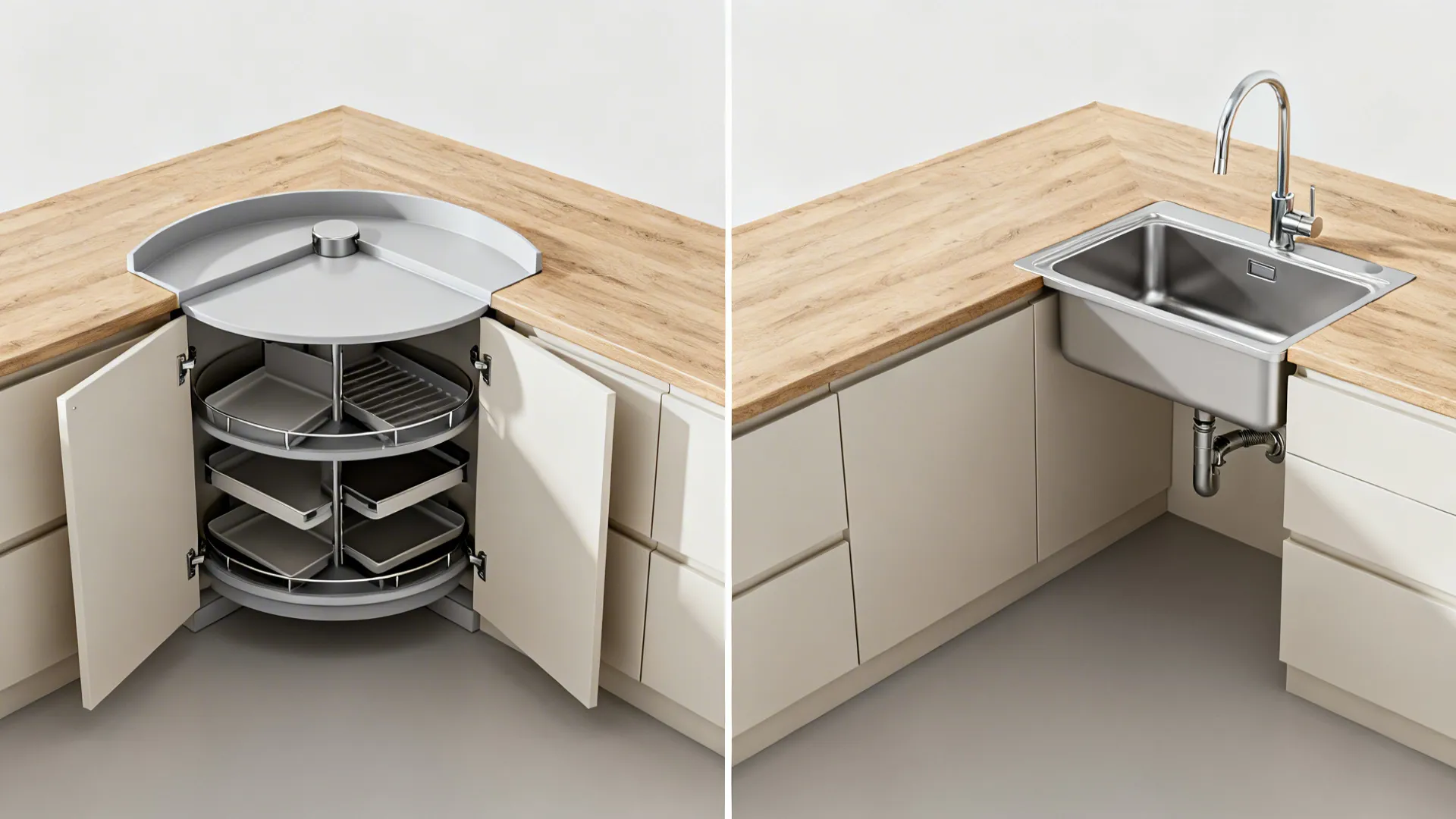 Comparison of a corner carousel cabinet versus a diagonal corner sink in an L-shaped kitchen.