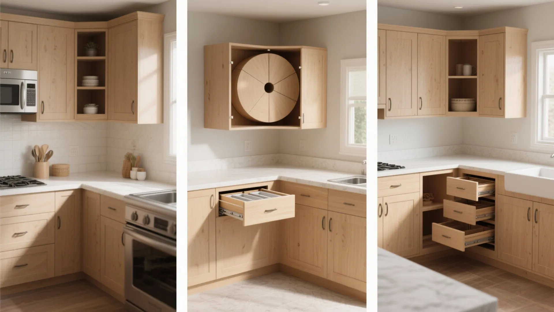Three kitchen storage designs showing a revolving wall cabinet and pull out drawers for corner spaces