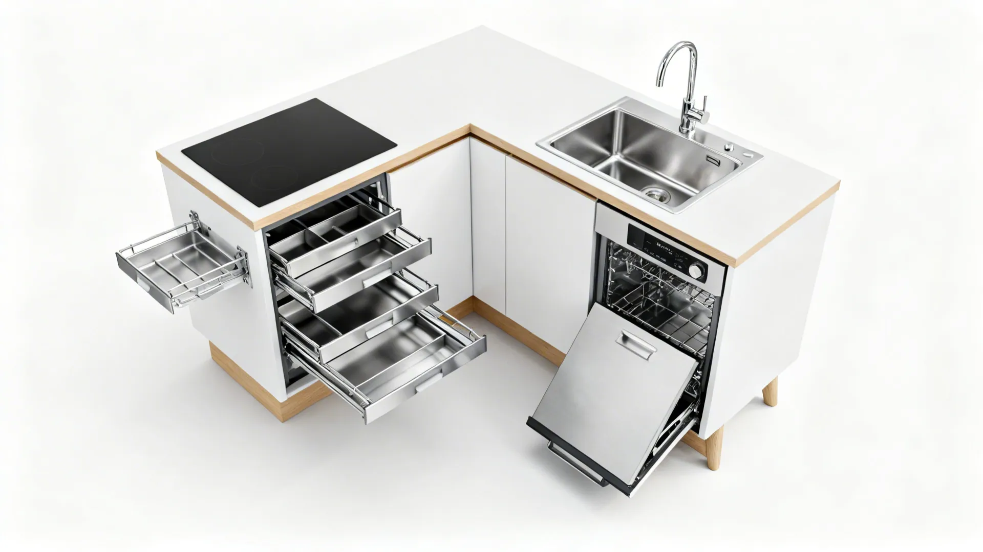 Top-down view of an L-shaped kitchen corner with blind-corner pull-outs and a small appliance garage.