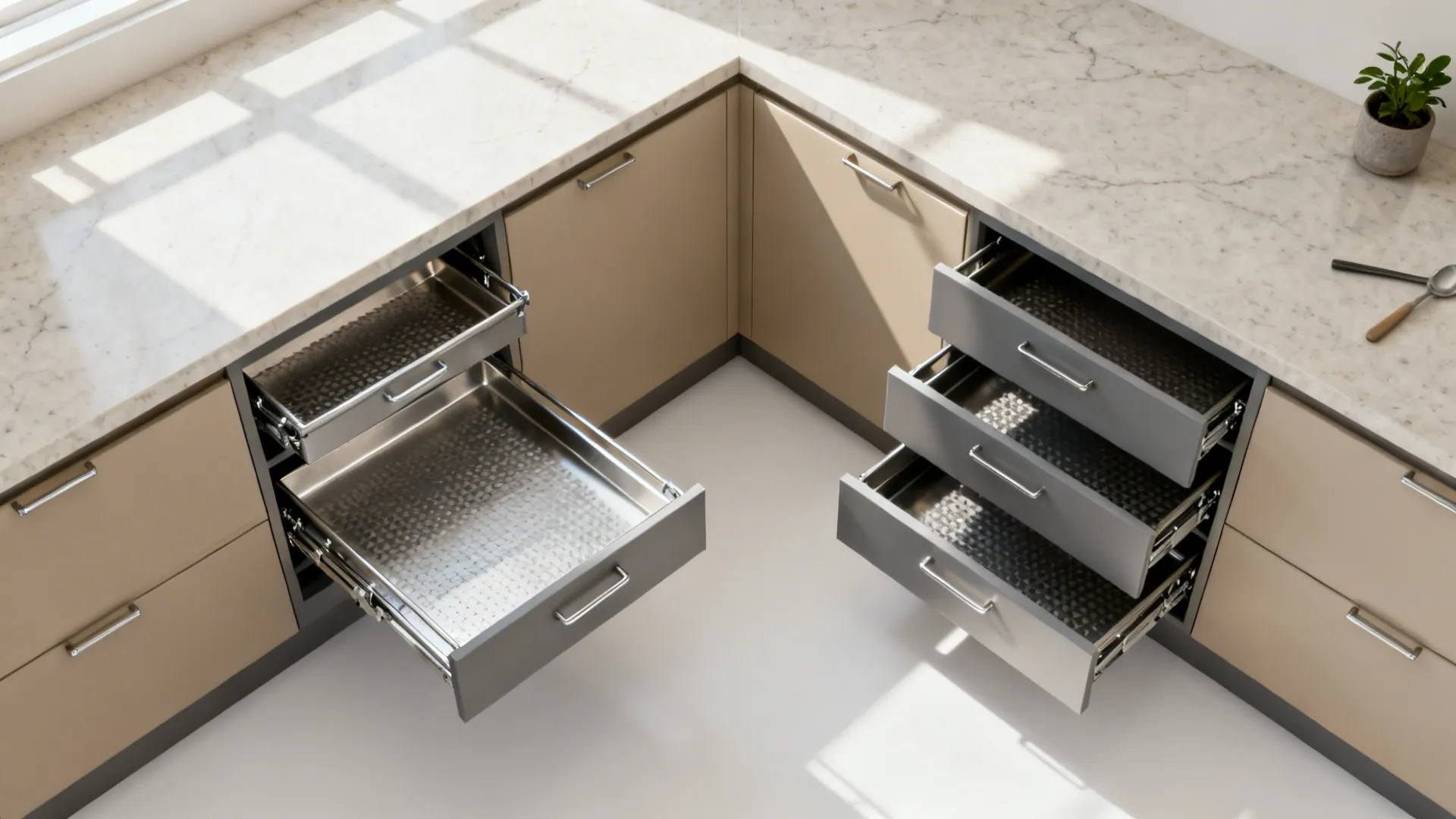 Top-down view of an L-shaped kitchen corner with diagonal cabinet, LeMans trays, and drawer stack options.
