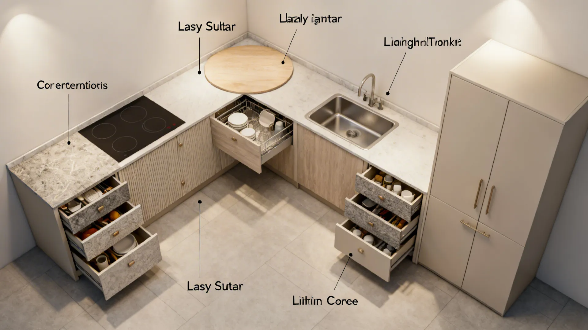 Top-down view of a compact L-shaped kitchen highlighting corner storage zones and workflow.