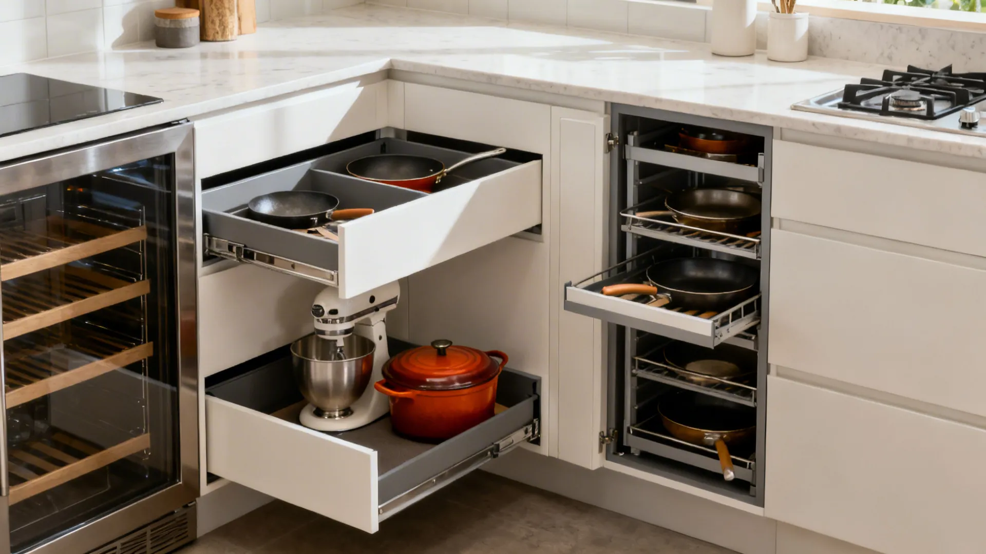 U-shaped kitchen with open corner drawers, a LeMans carousel, and a tall pull-out pantry.