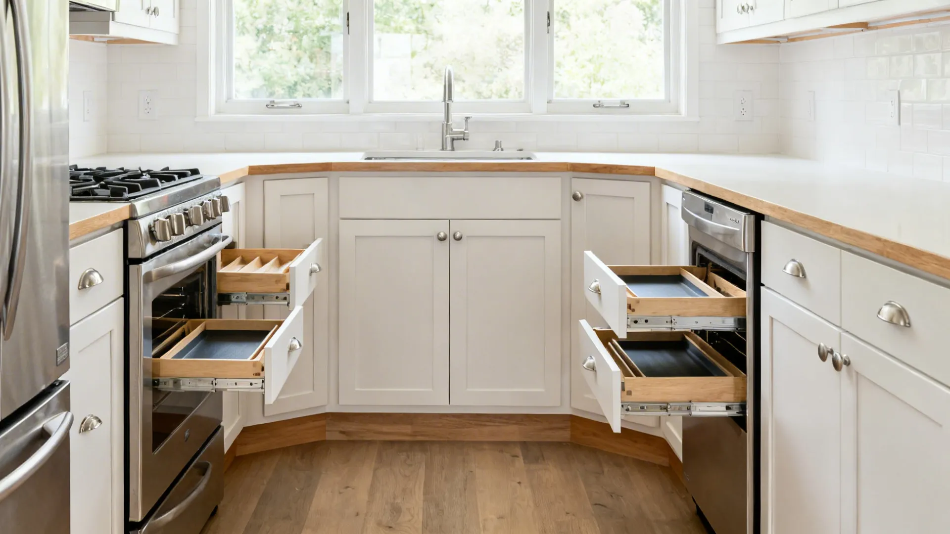 L-shaped kitchen corner with diagonal cabinet and pull-out trays open, showing ergonomic storage.