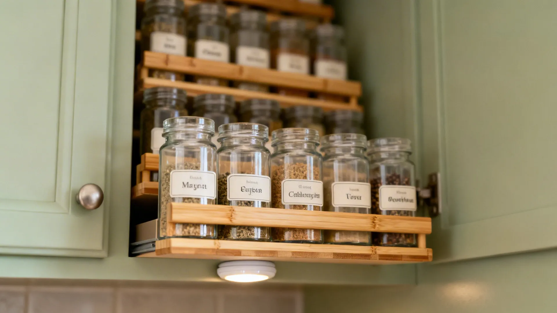Macro view of tiered spice ledges inside a corner cabinet with neatly labeled jars.