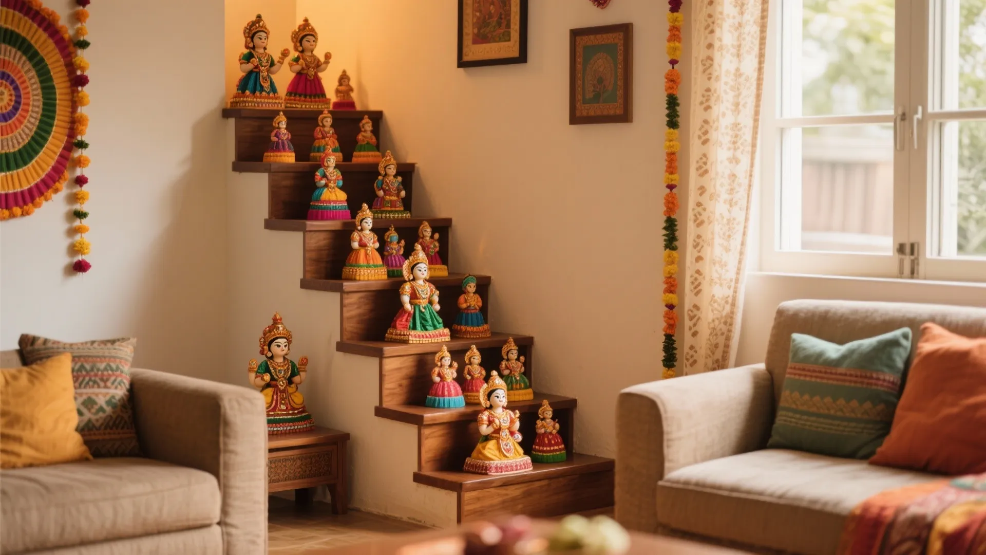 Wooden staircase display with colorful dolls in bright living room with two soft tan couches