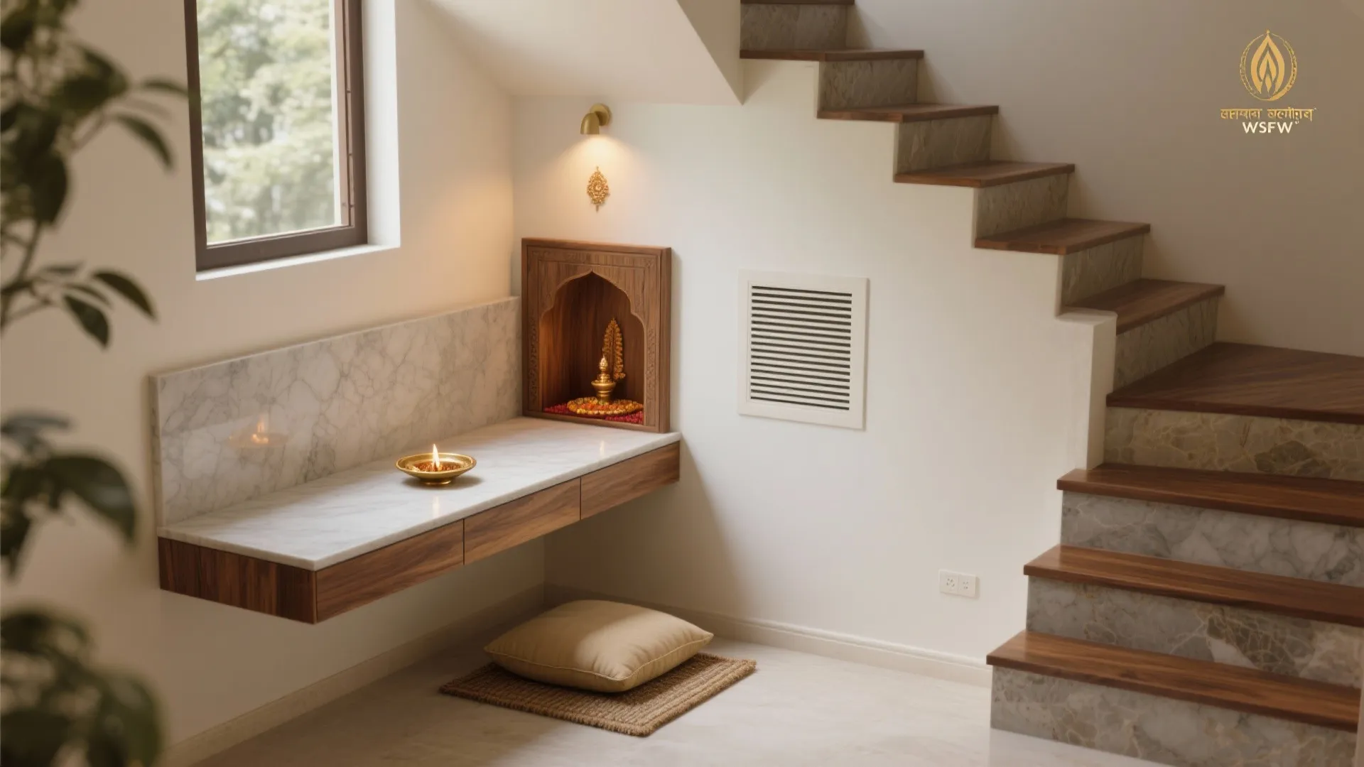 Small prayer area under stairs with marble table wooden drawers floor cushion and wall light