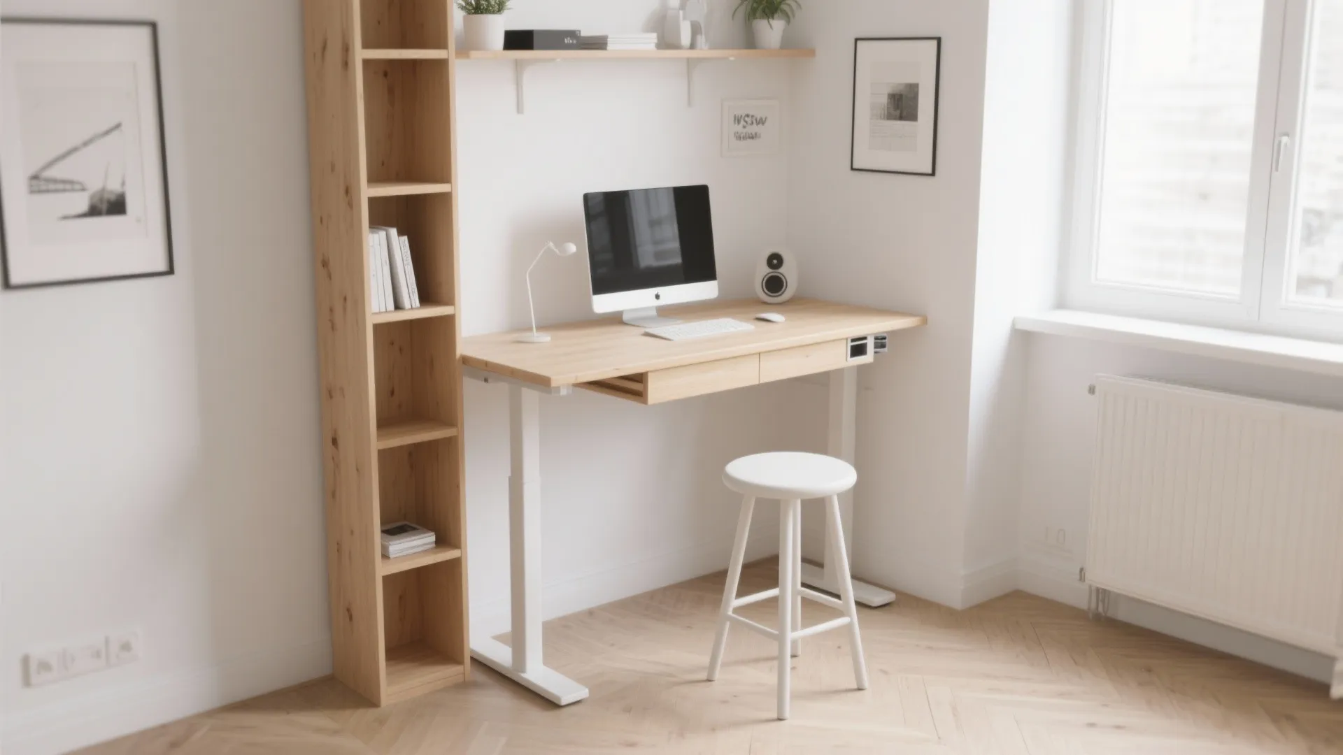 Bright home workspace with wooden standing desk white stool tall bookshelf and natural window light