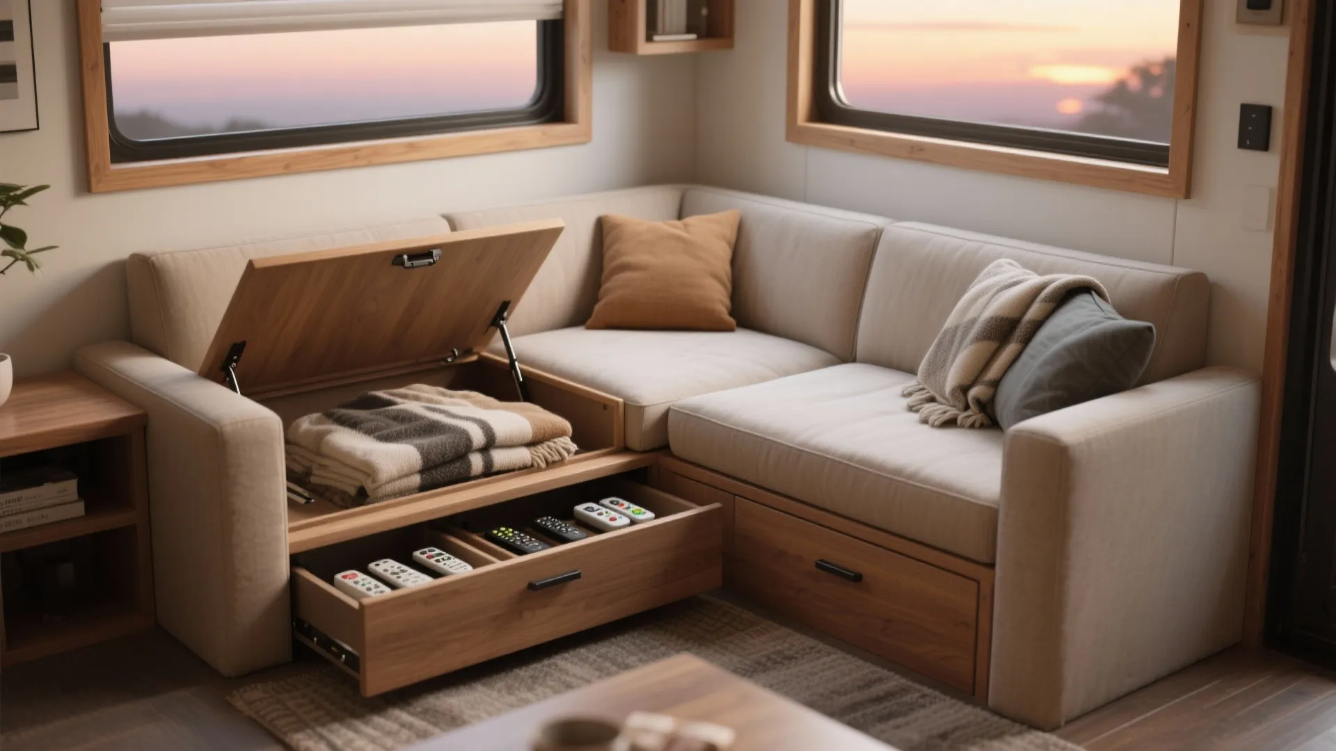 Corner sofa with hidden storage under seat and wood drawer holding several remotes and blankets