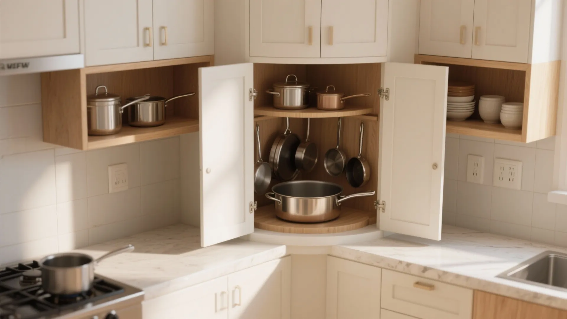Cream kitchen cabinet with open corner rotating shelves holding several metal pots and cooking pans