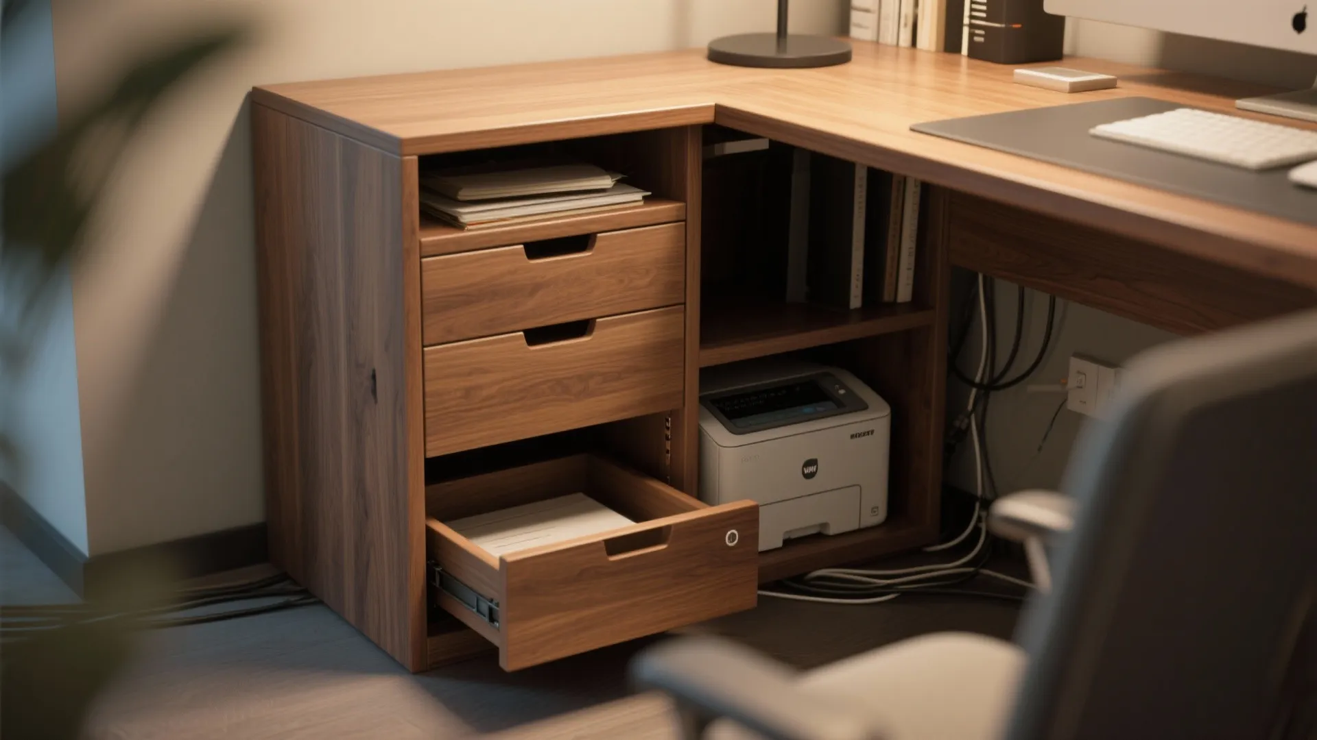 Wood office cabinet with drawers and a small printer placed under a large corner work desk