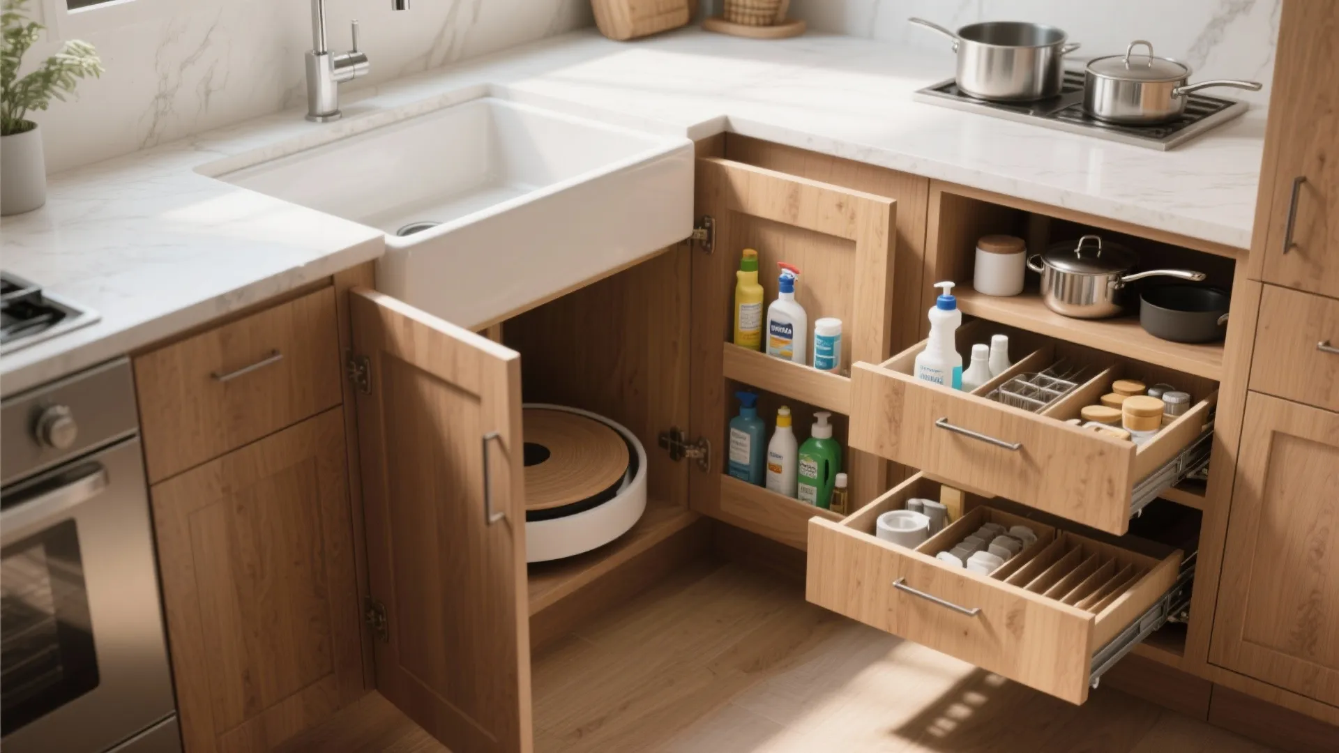 Kitchen wood cabinet with open drawers showing cleaning supplies and smart storage under white sink