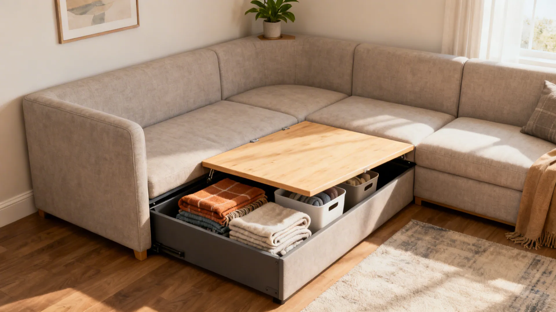 Corner sectional with built-in storage under chaise showing organized throws