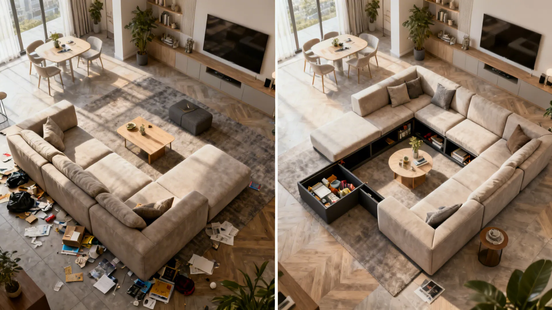 4. Use a corner-centric layout with built-in storage