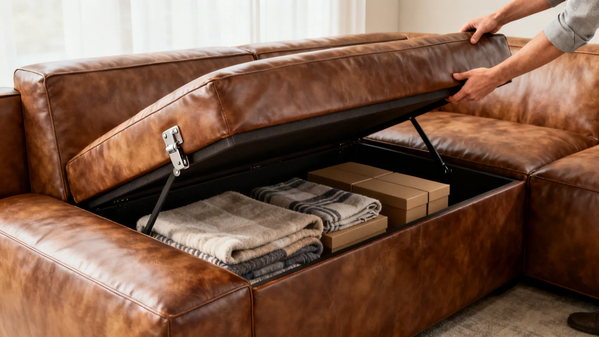 Close-up of chaise lifted to reveal hidden storage with blankets inside a leather sofa.