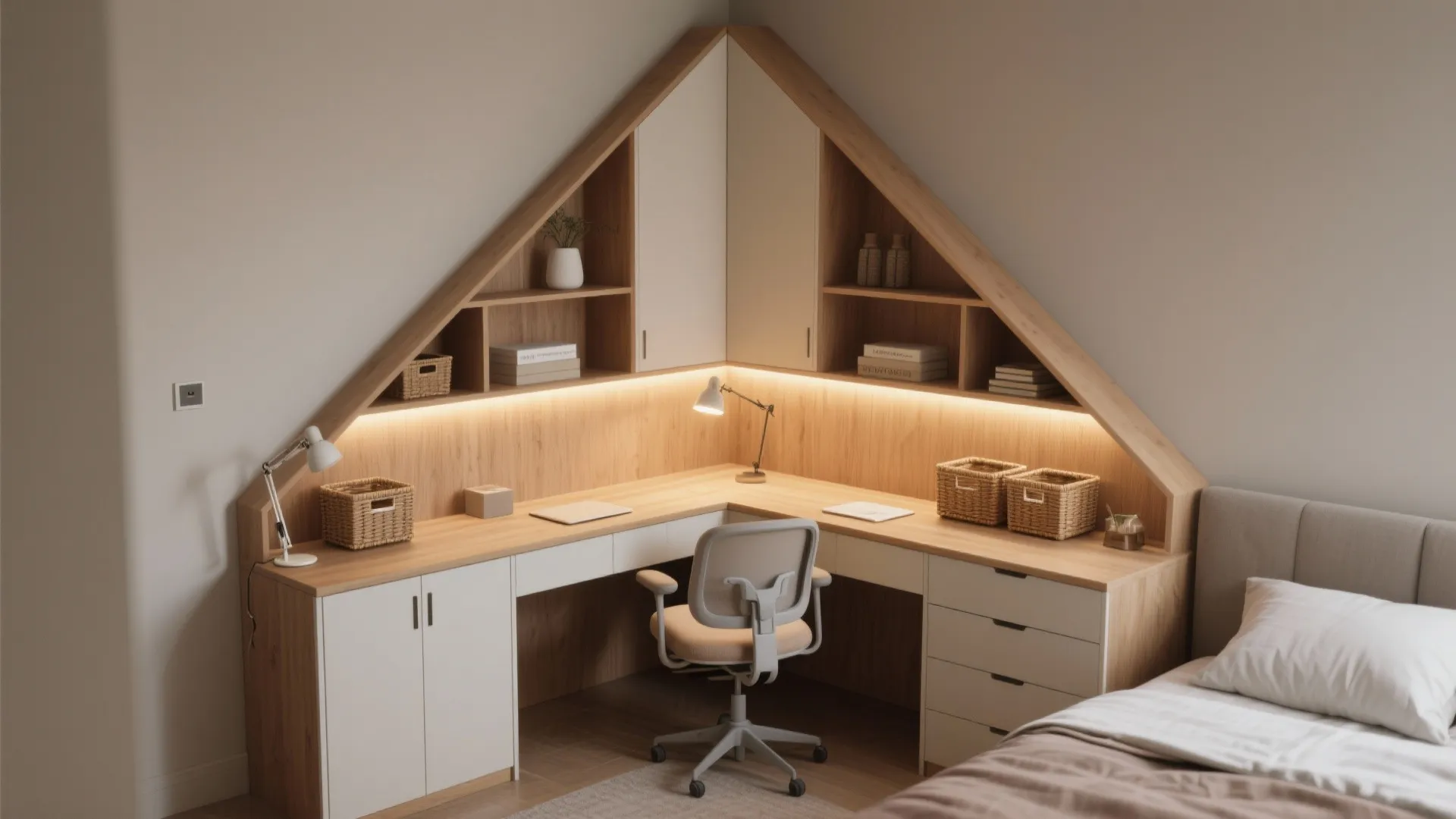 L shaped corner desk with triangular shelves built into a sloped wall next to bed