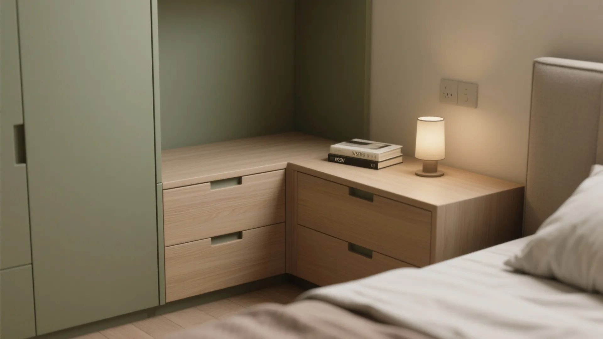 Wooden corner cabinet with drawers next to a bed featuring small light fixture and books