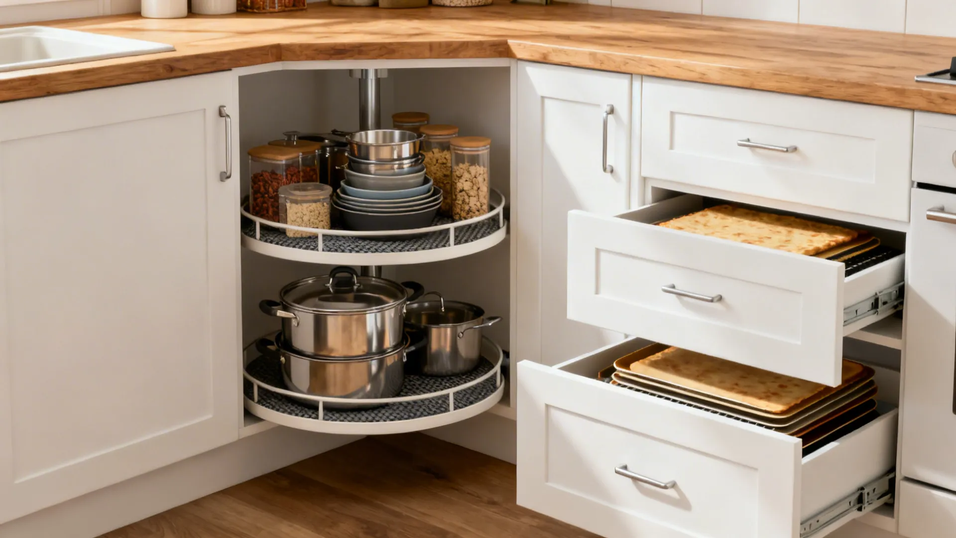 L-shaped kitchen corner with a carousel and diagonal drawer providing easy access to cookware and trays.