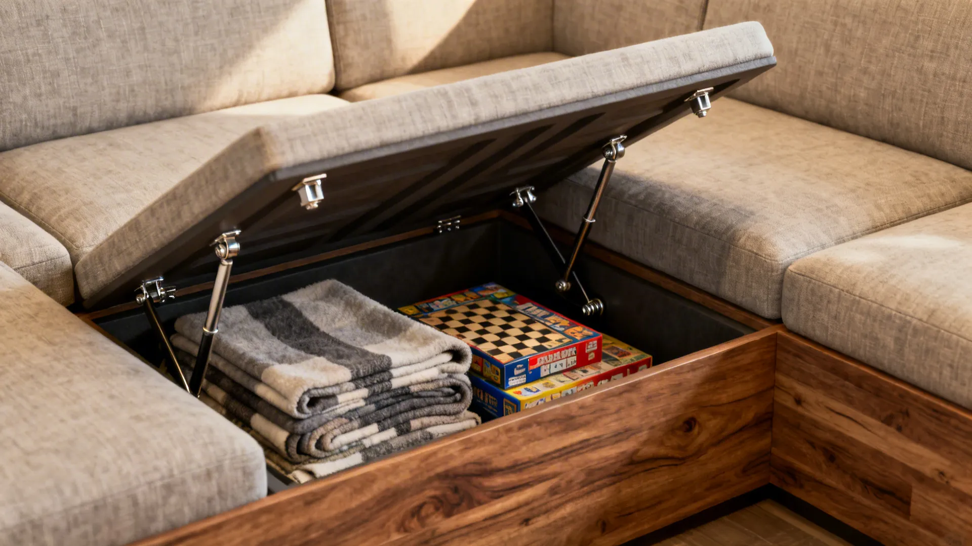 Corner two-seater sofa with built-in storage compartment open showing blankets