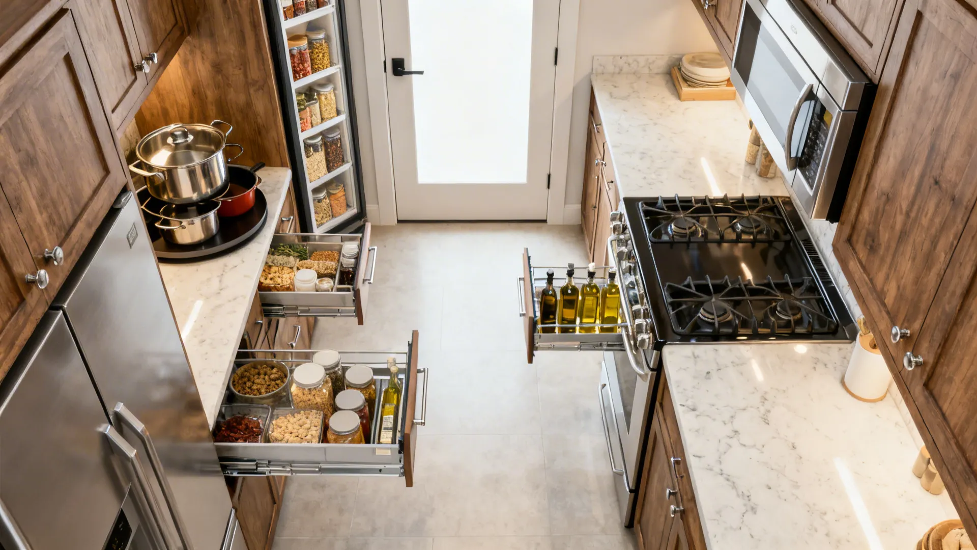 Top-down view of a U-shaped kitchen showing a lazy Susan, tall larder pull-out, and a narrow oil pull-out.