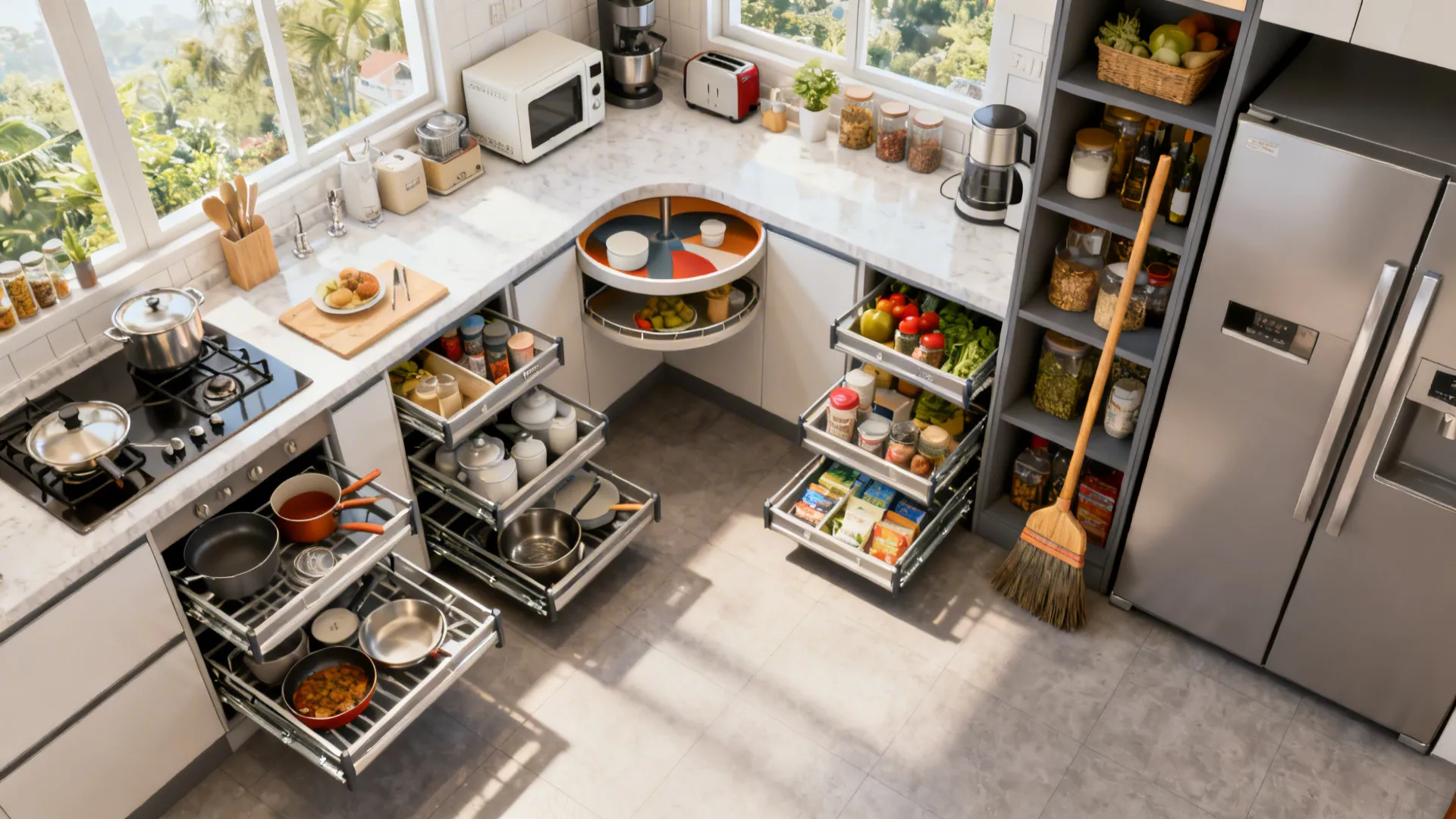 Top-down view of L-shaped kitchen with LeMans trays and tall pantry storage.