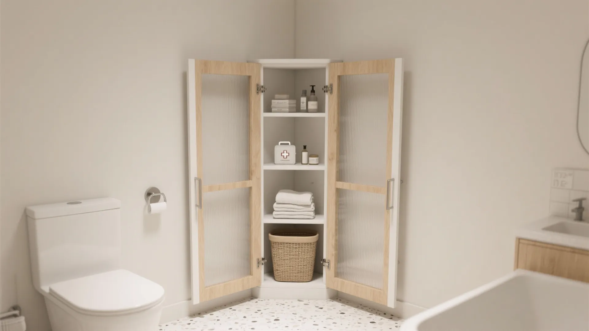 Small corner bathroom cabinet with glass doors storage shelves towels basket and white toilet seat