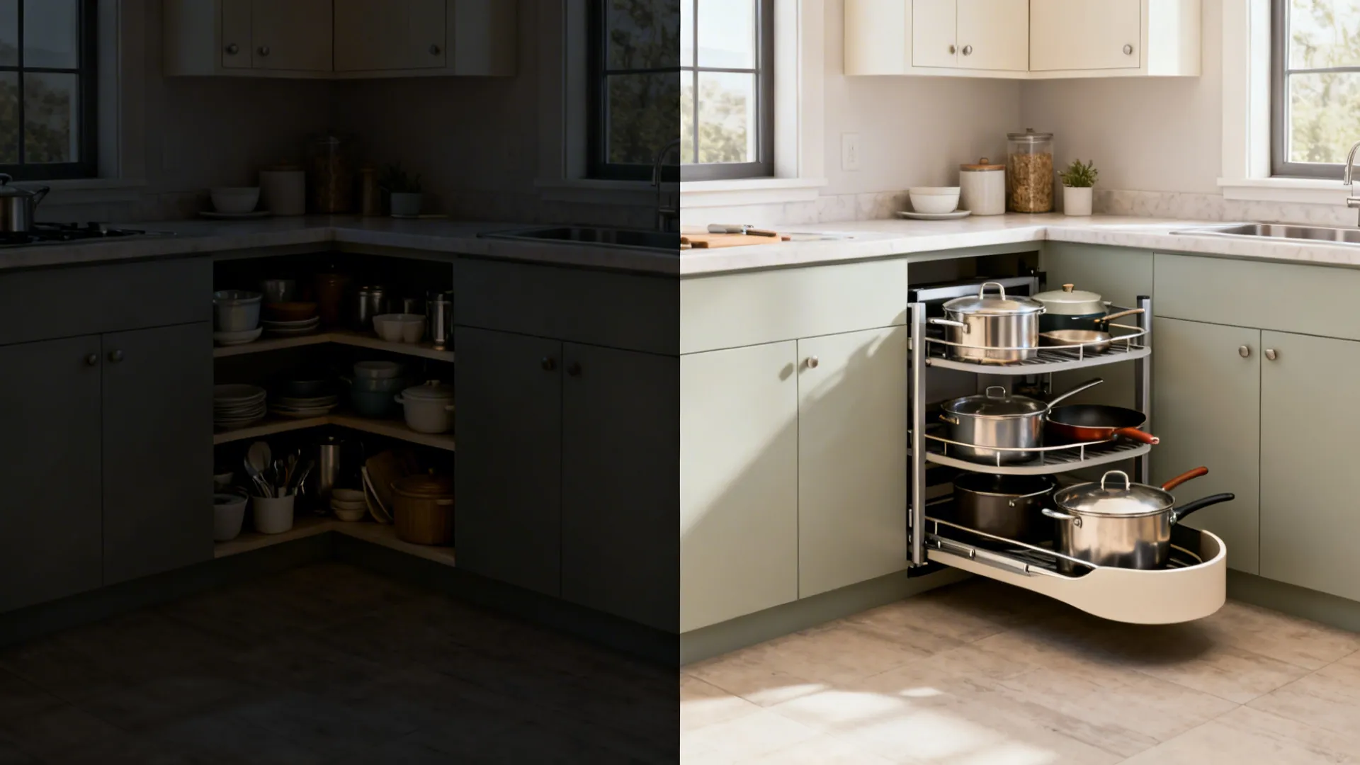 Before-and-after of an L-shaped kitchen corner with a pull-out unit and taller uppers.